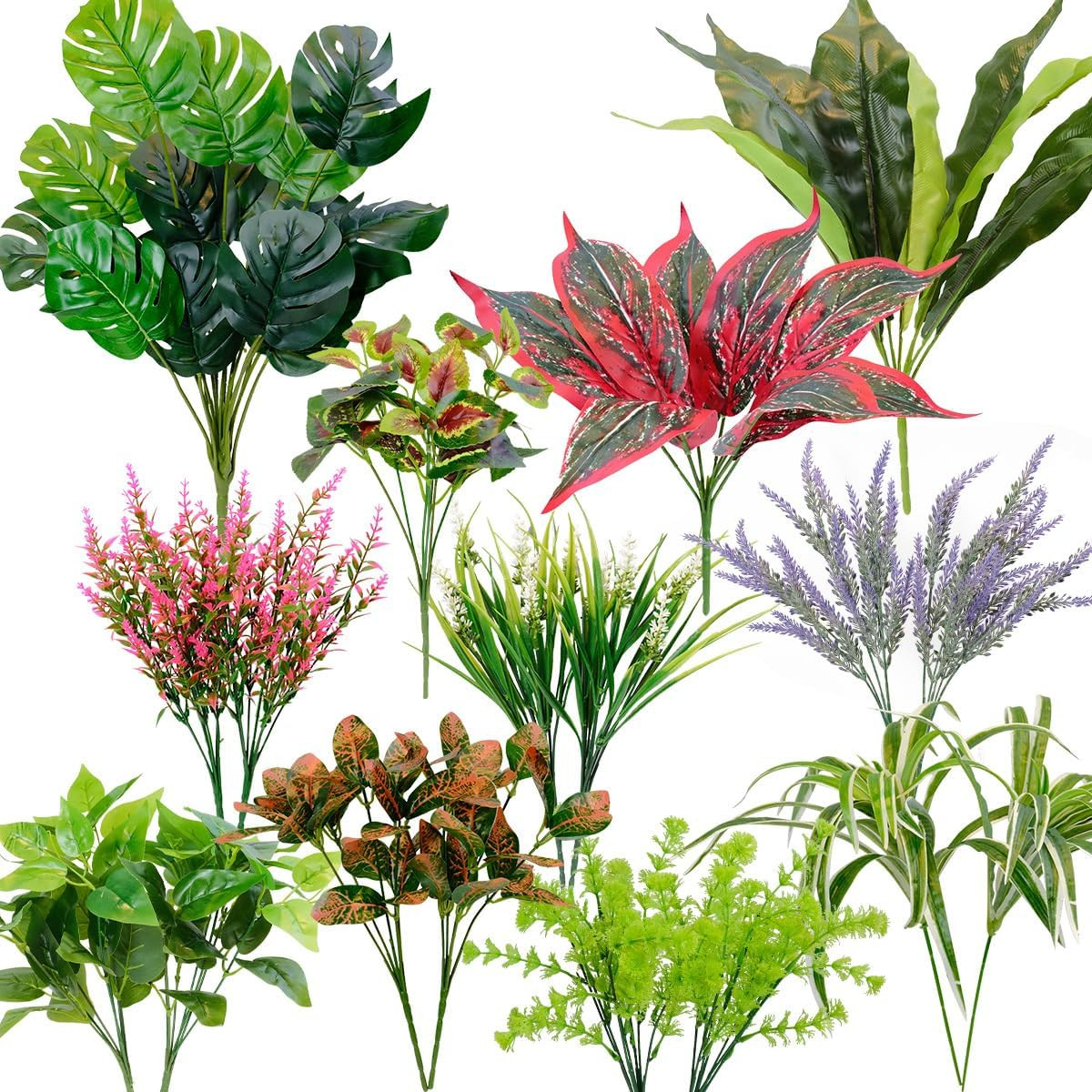 18 PCS UV Resistant Faux Plants for Outdoor Decor – 10 Varieties Mix