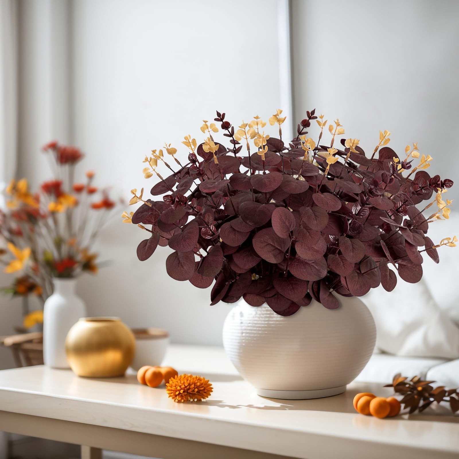 20PCS Dark Wine Red Halloween Eucalyptus Stems Artificial Fake Flowers Bulk D…