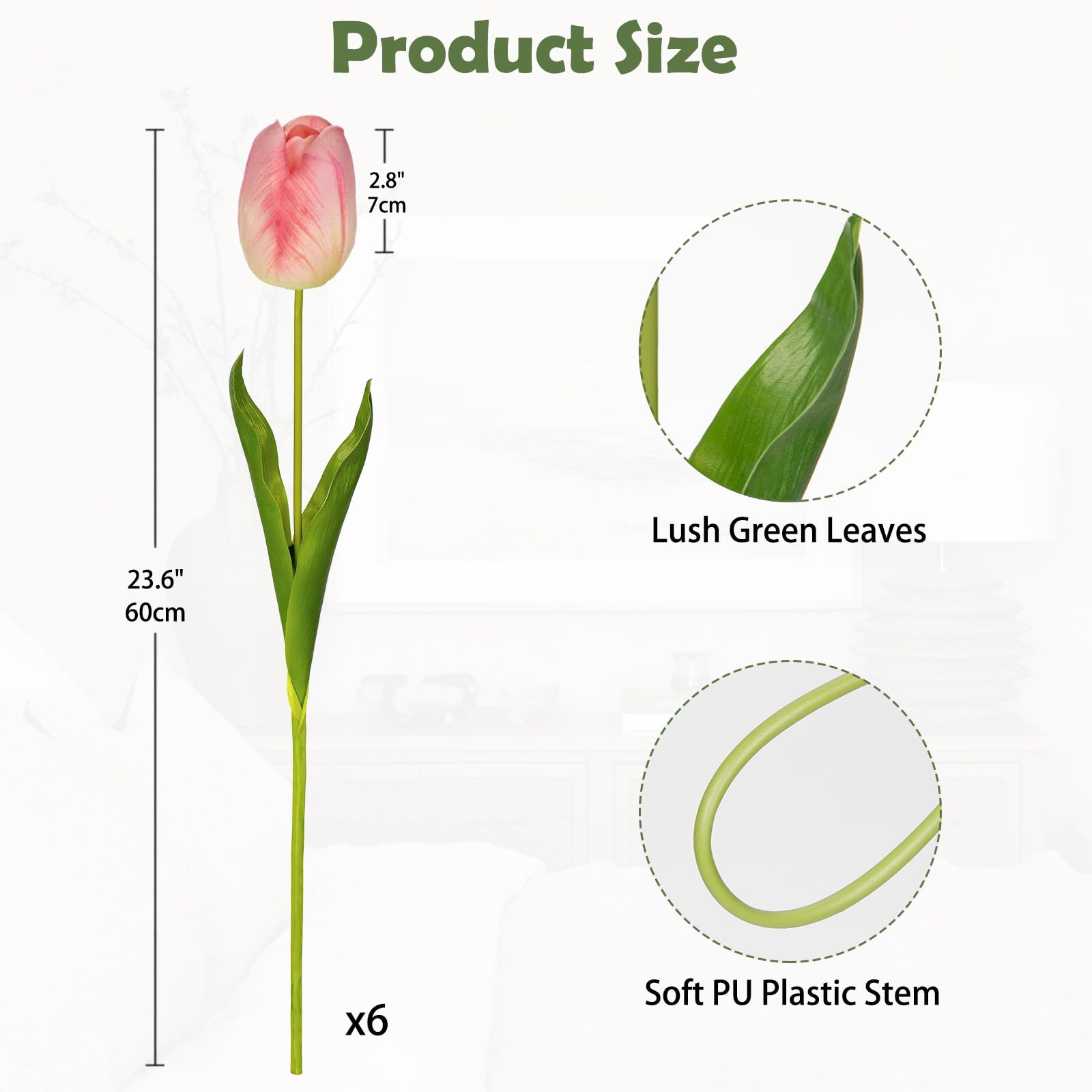 6PCS 23″ Tulip Flowers Artificial Pink Tulips Long Stem Faux Flower, Silk Flo…