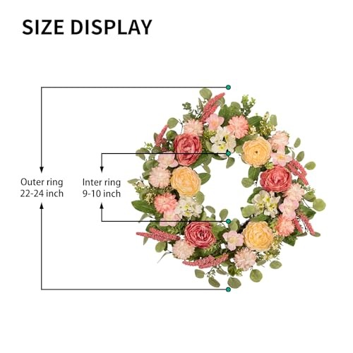 22 Inch Spring Summer Wreath for Front Door, Realistic Silk Peony & Hydrangea