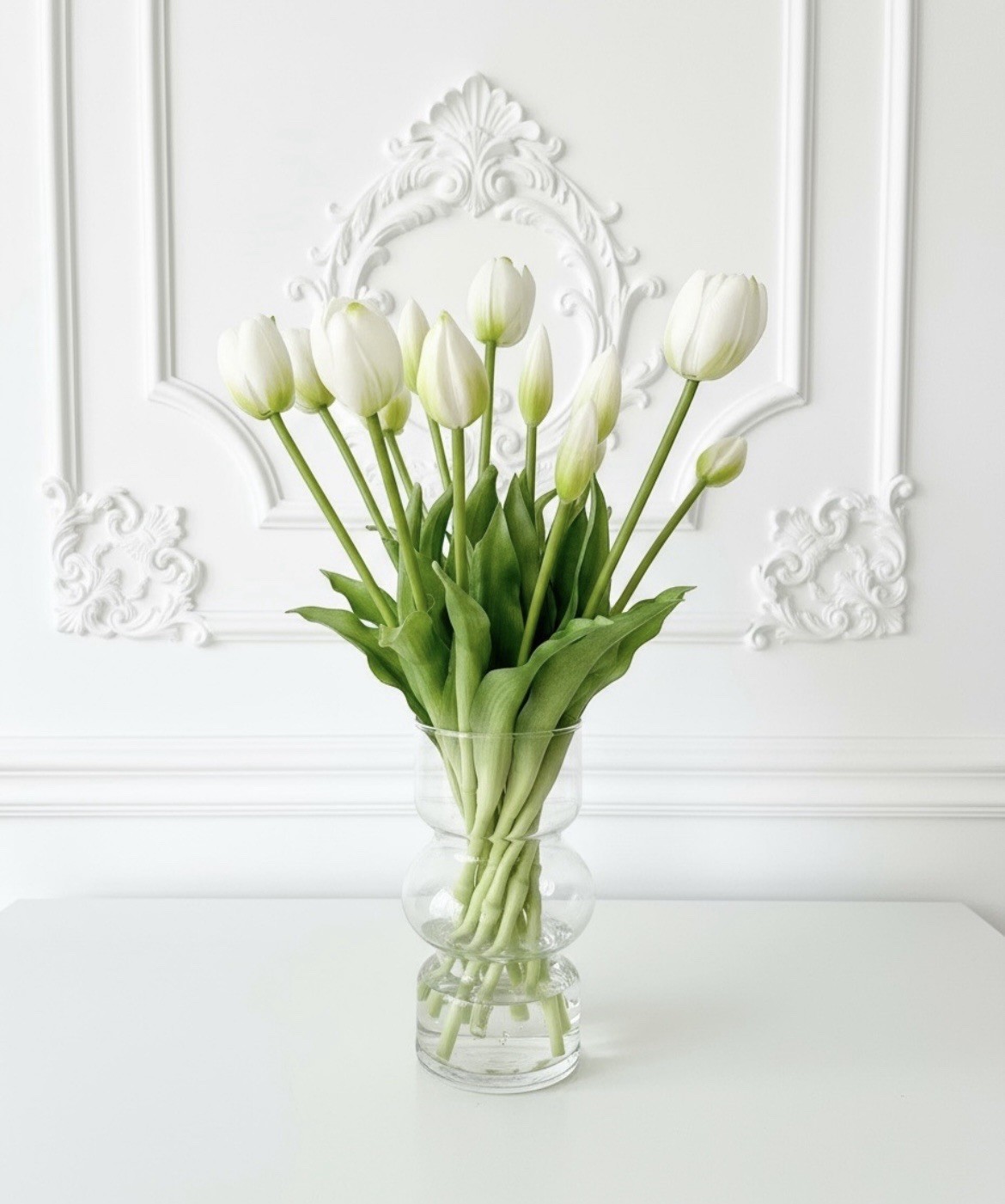 Artificial Tulip Arrangement In Glass Vase With Faux Water