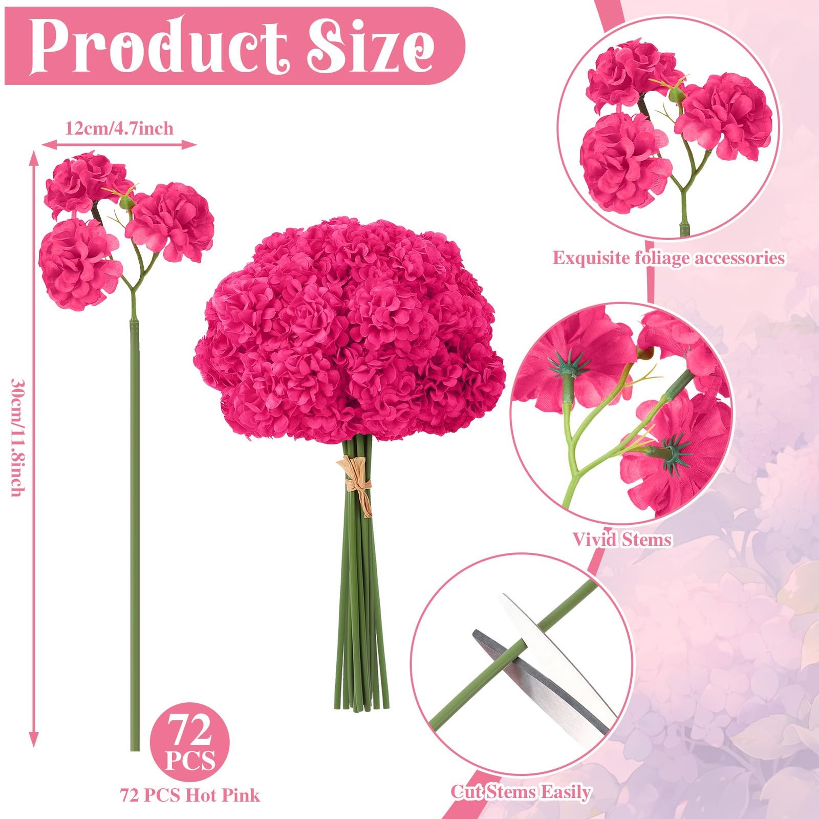 72 Pcs Hot Pink Hydrangea Artificial Flowers, Round Floral Bouquet for Home D…