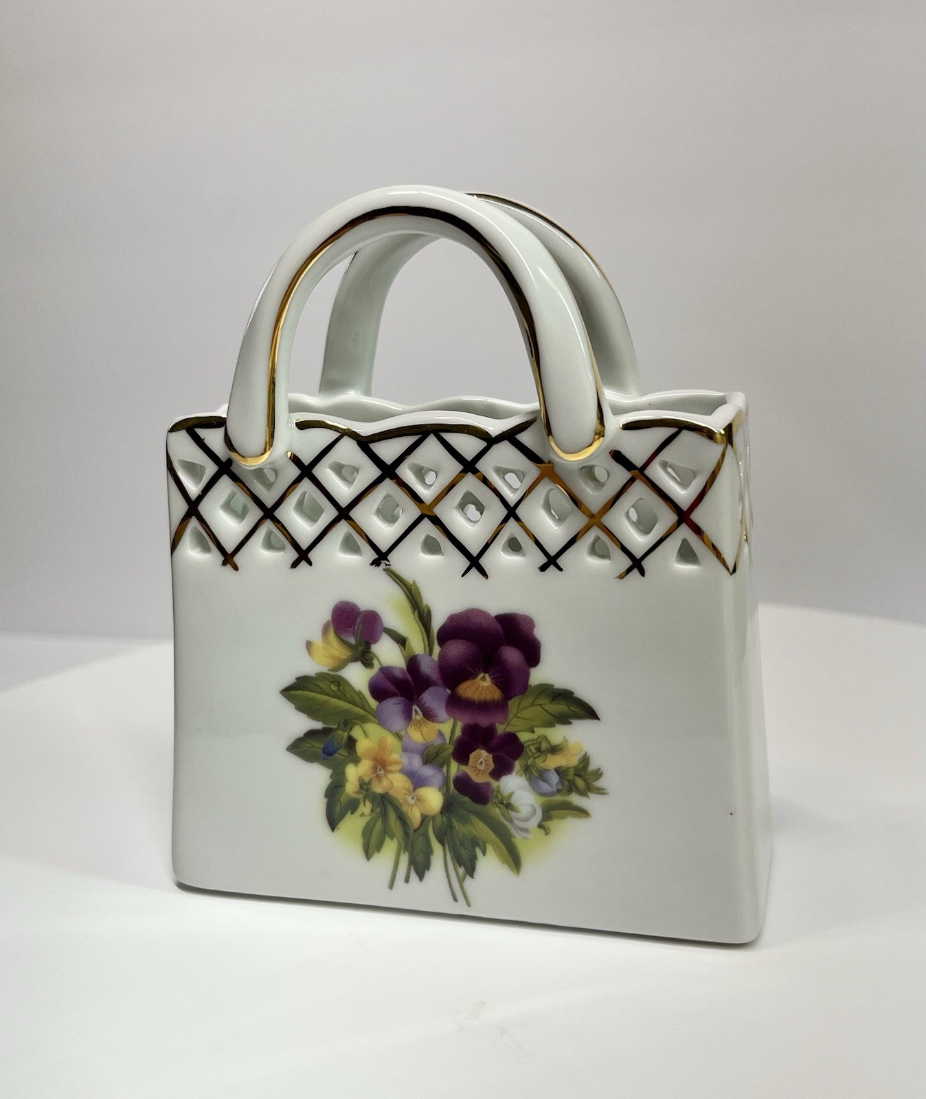 MCM Vintage Porcelain Purse Vase Pansies Old World Collection Figurine Flowers