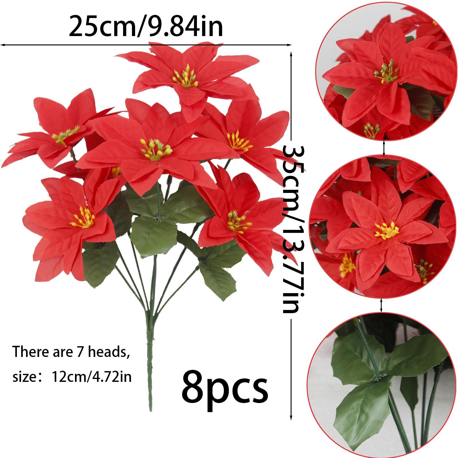 8 PCS CHRISTMAS FLOWERS POINSETTIA ARTIFICIAL CHRISTMAS FLOWERS 7 HEADS SILK POI