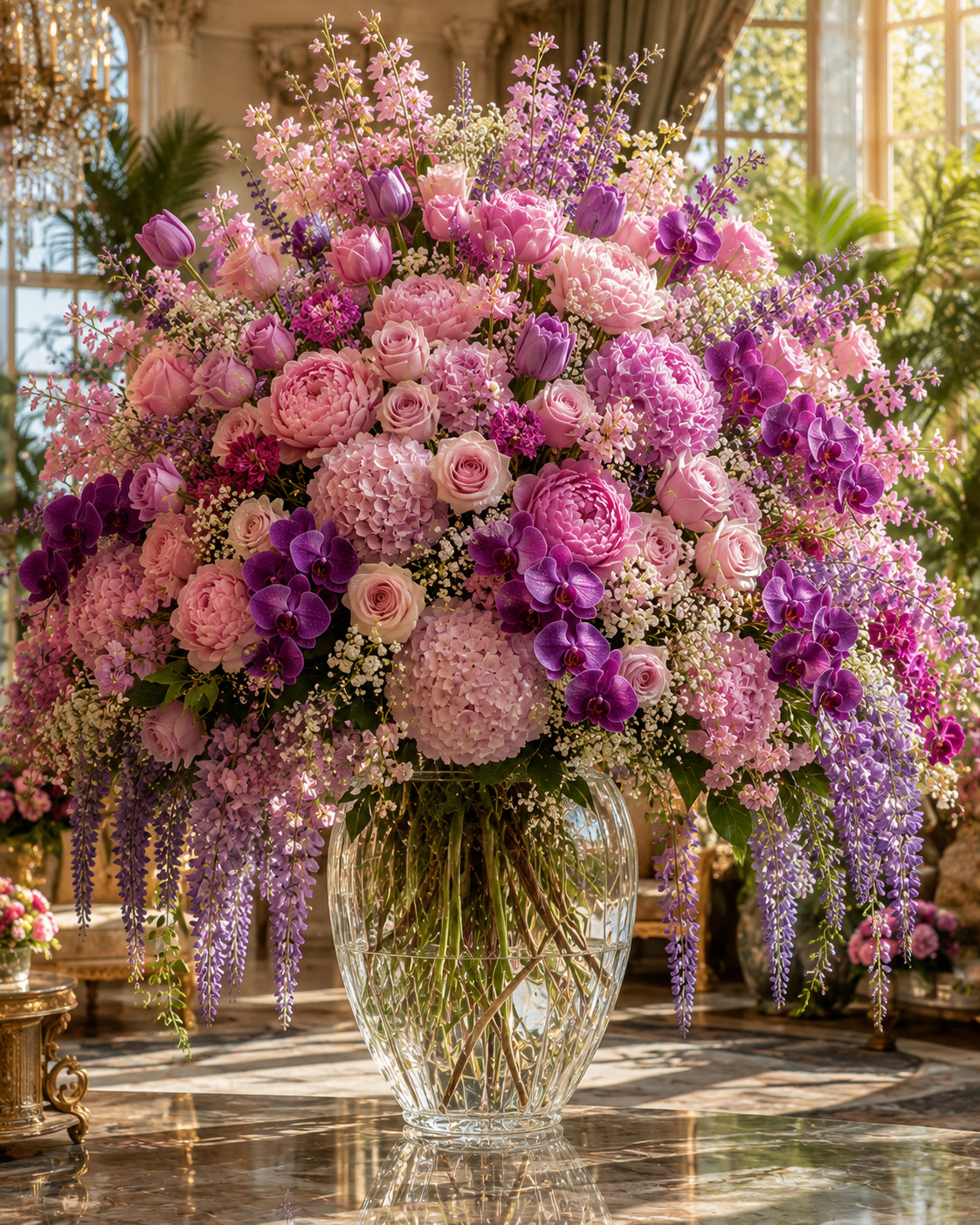 AI Generated Grand Pink Purple Flower Arrangement | Luxury Floral Vase Wall Art