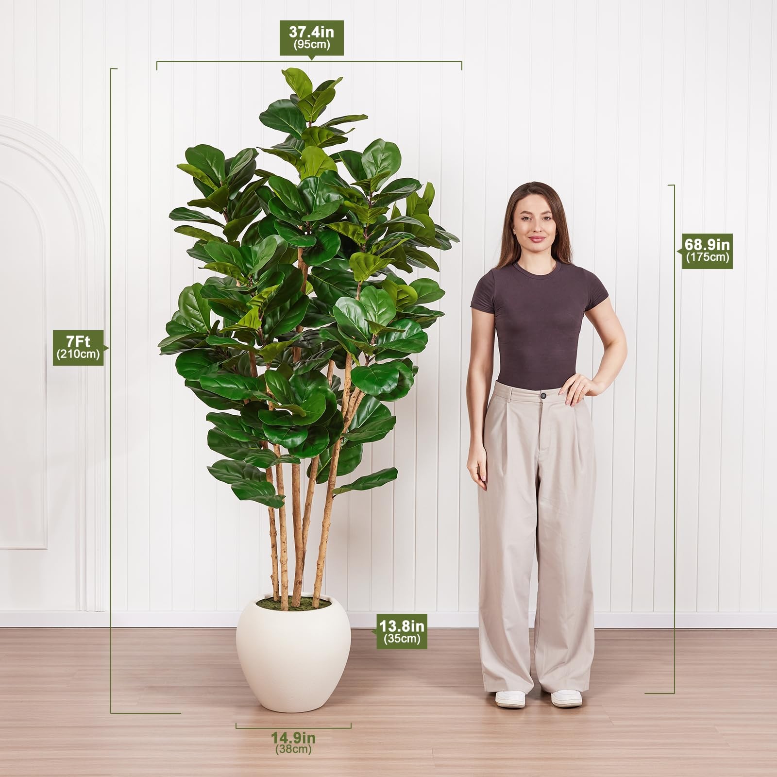 7FT Artificial Fiddle Leaf Fig Tree with White Planter – Tall Fake Tree, 4 Re…