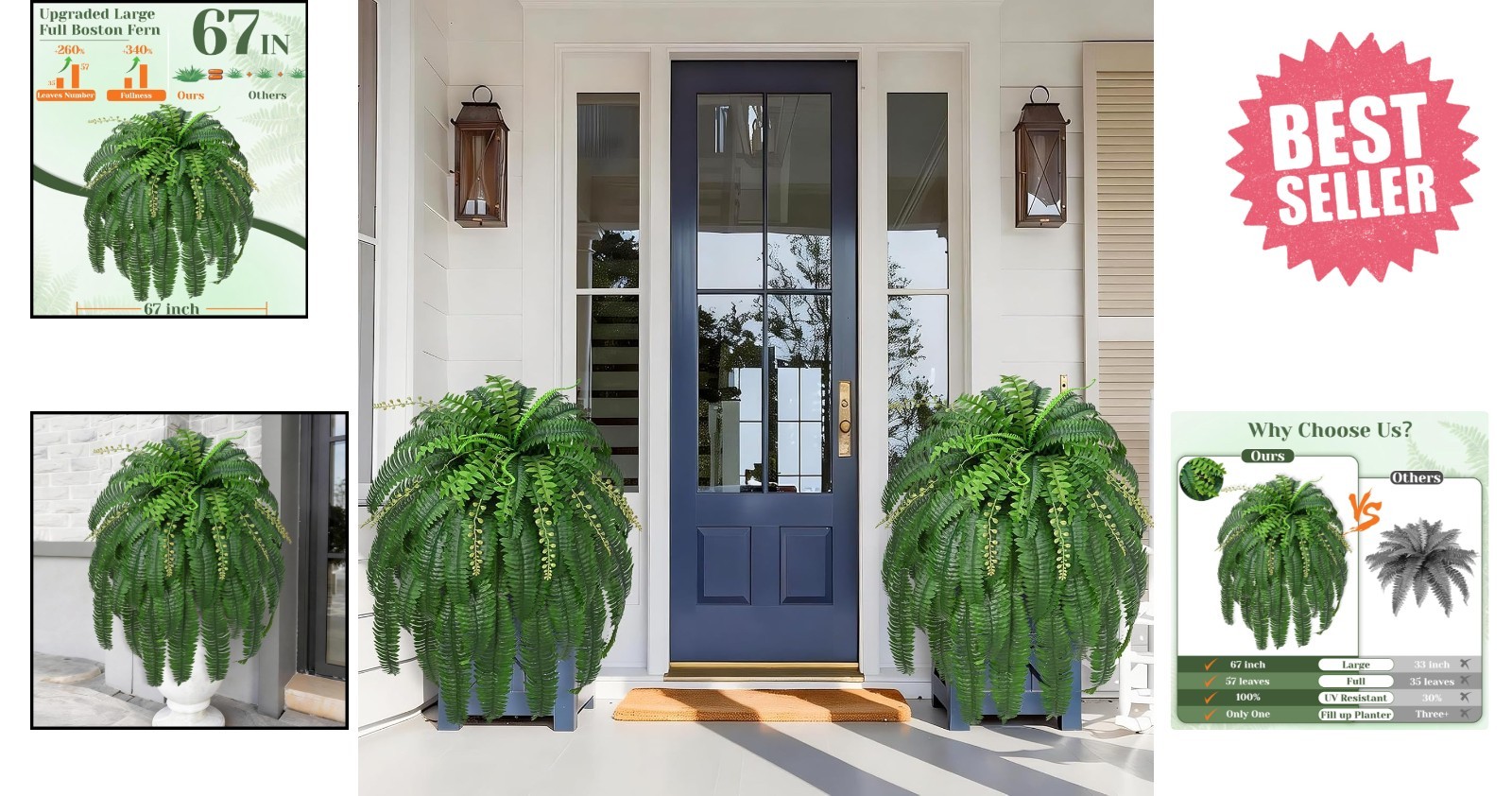 2 Pcs 67″ Fake Ferns Large Artificial Plants Outdoor, Artificial Ferns for Outdo
