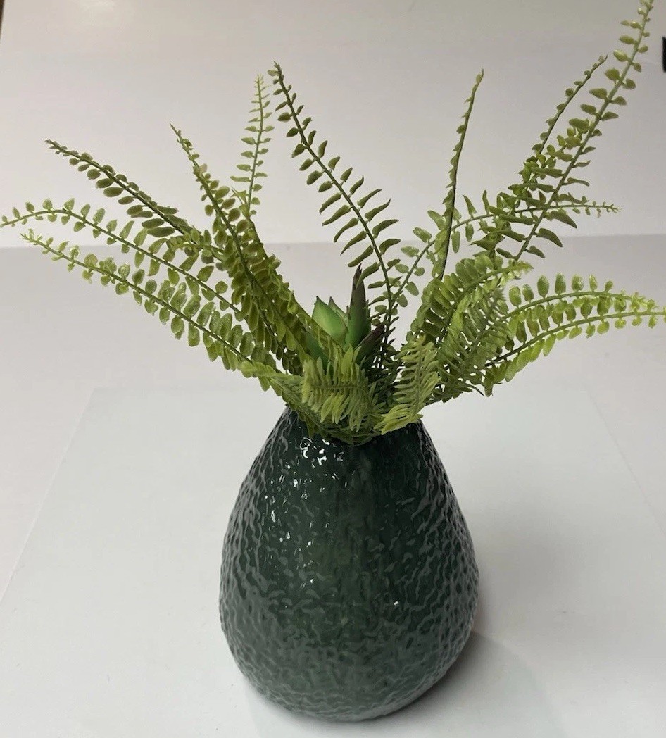 New Ceramic 13”H Ashland Avacado Fruit Shaped Vase With Floral /Fern Arrangement