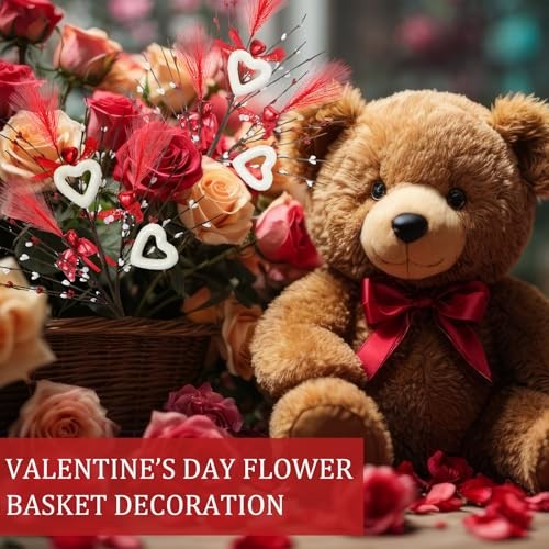 6 Pcs Valentine’s Day Heart Shaped Berry Feather Picks 19.7 Inch Artificial
