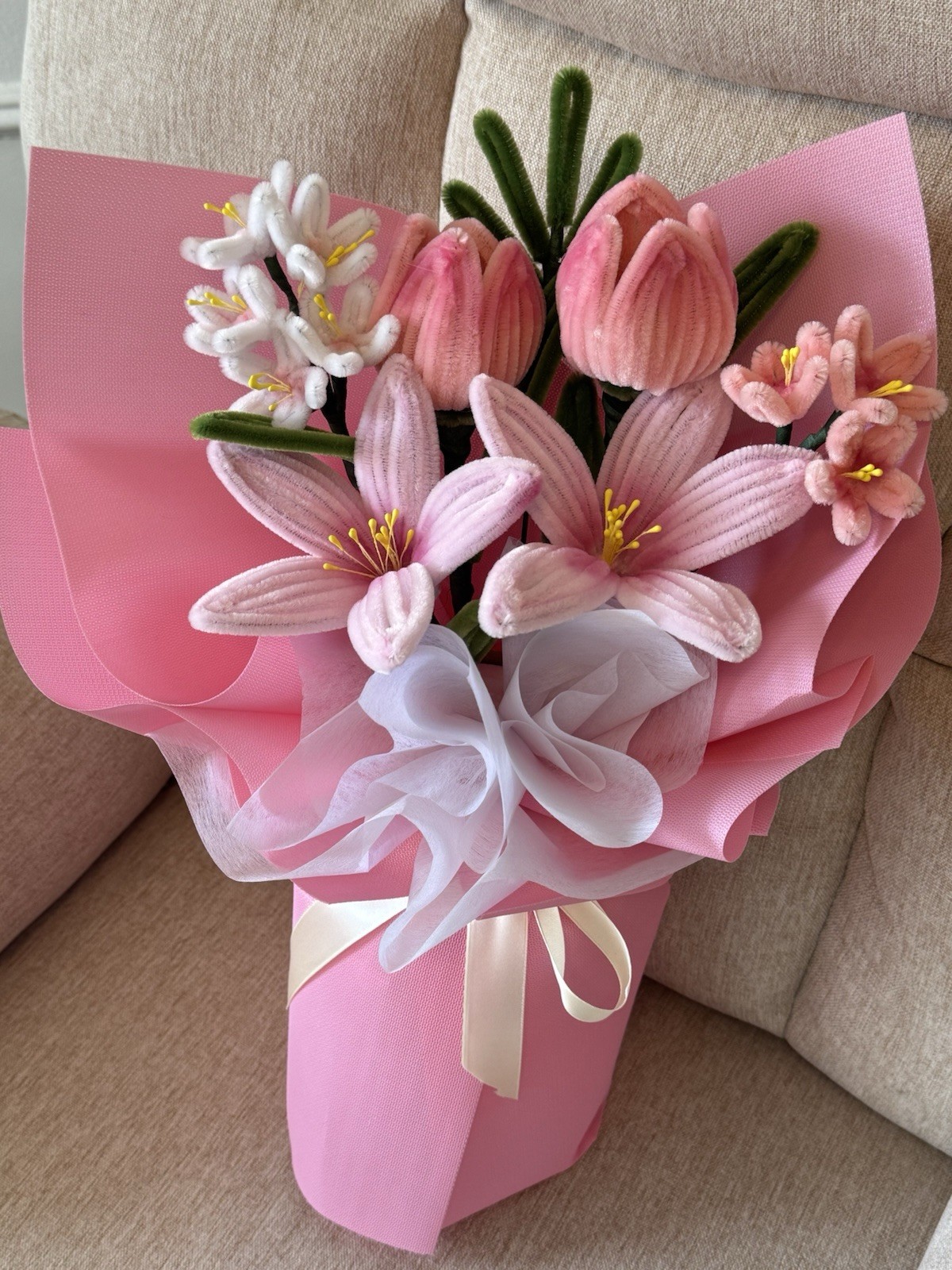 Artificial Pink Lily Tulip Flower Bouquet with Ribbon & Pink Wrapping, Fabric