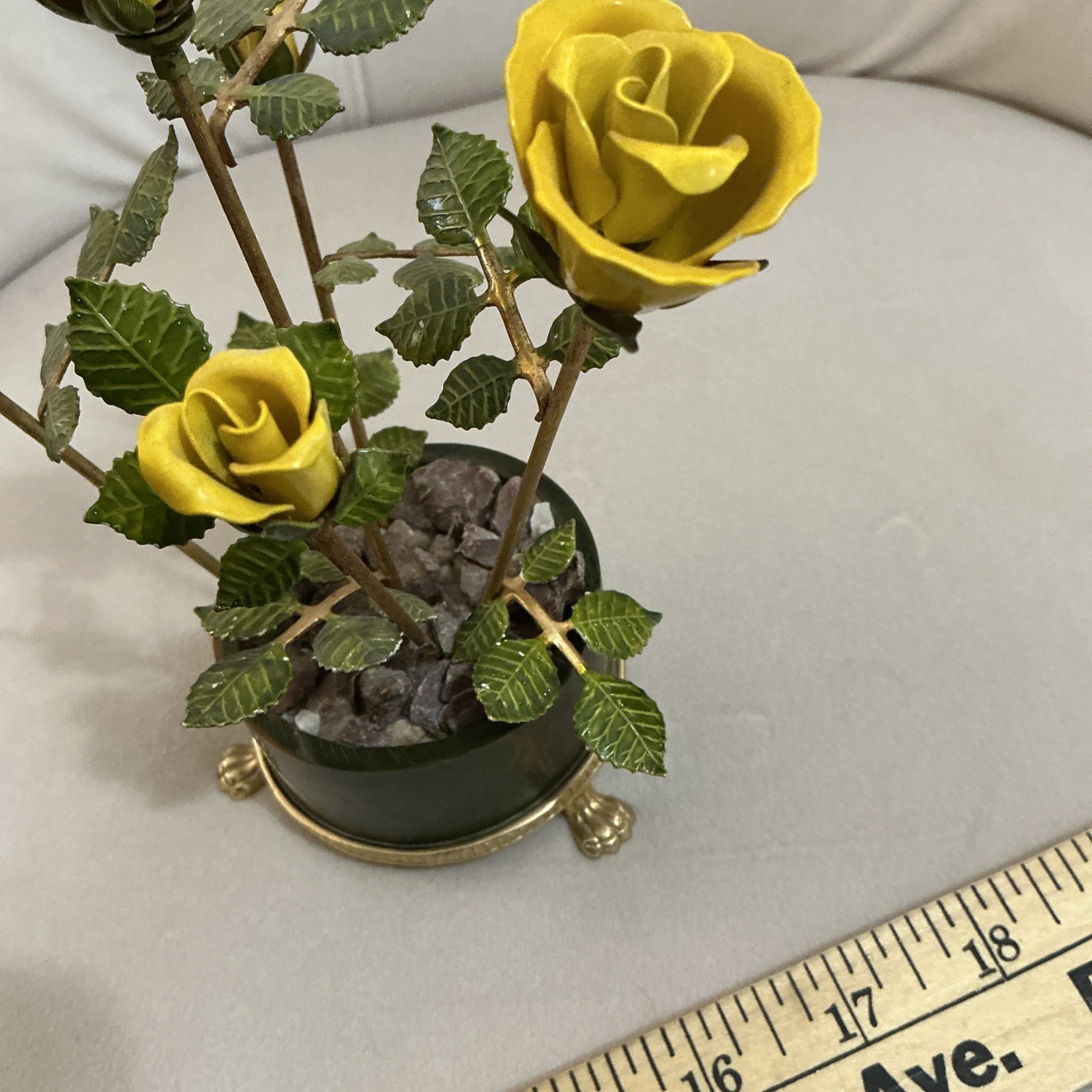 Enamel on Copper Yellow Potted Roses On Footed Base Vintage.