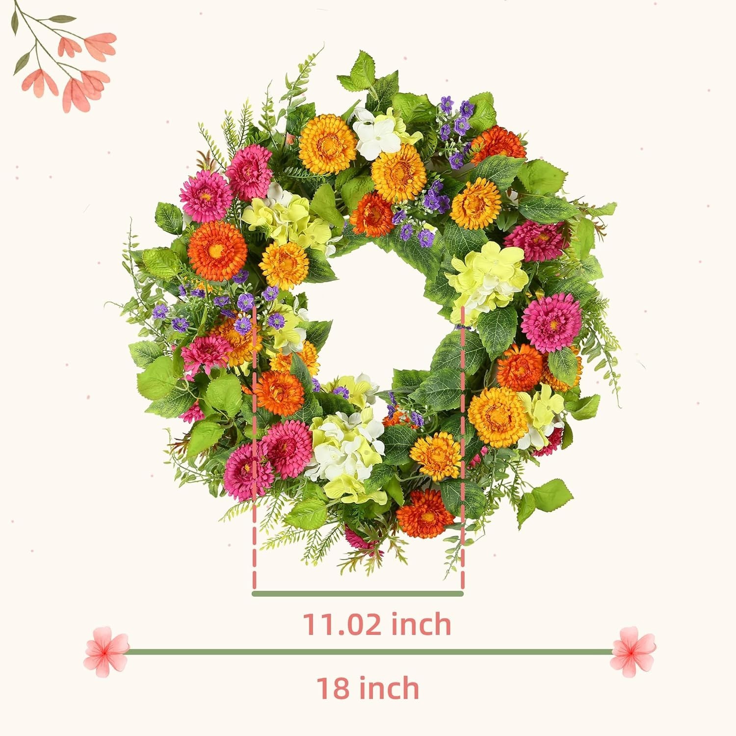 18-Inch Spring Summer Wreath with Colorful Daisies & Green Leaves for Your Door