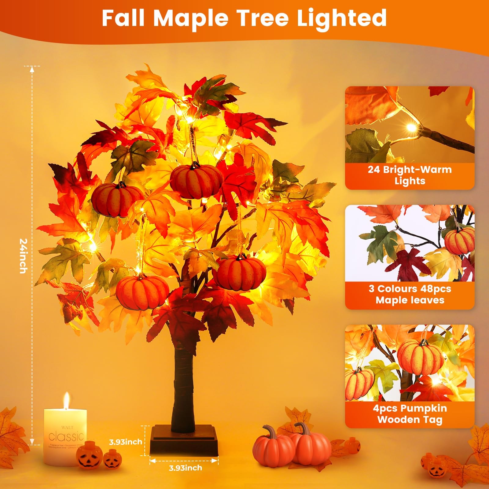 Fall Decor 2 Pack 24 Inch Lighted Fall Maple Tree Fall Decorations for Home,T…