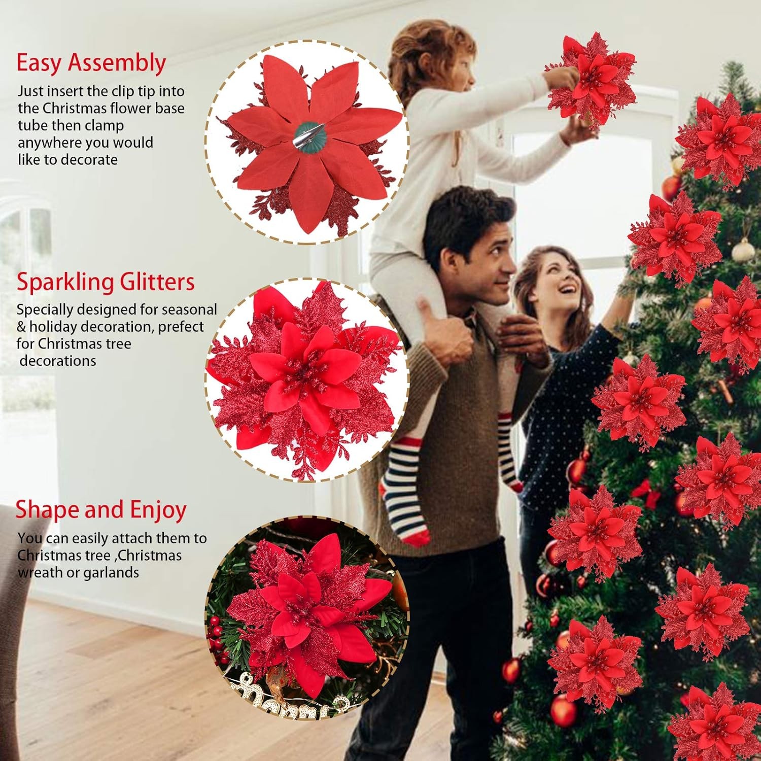 12 Pcs Glitter Poinsettia 5.5″ Artificial Flowers Christmas with Clips Stems …