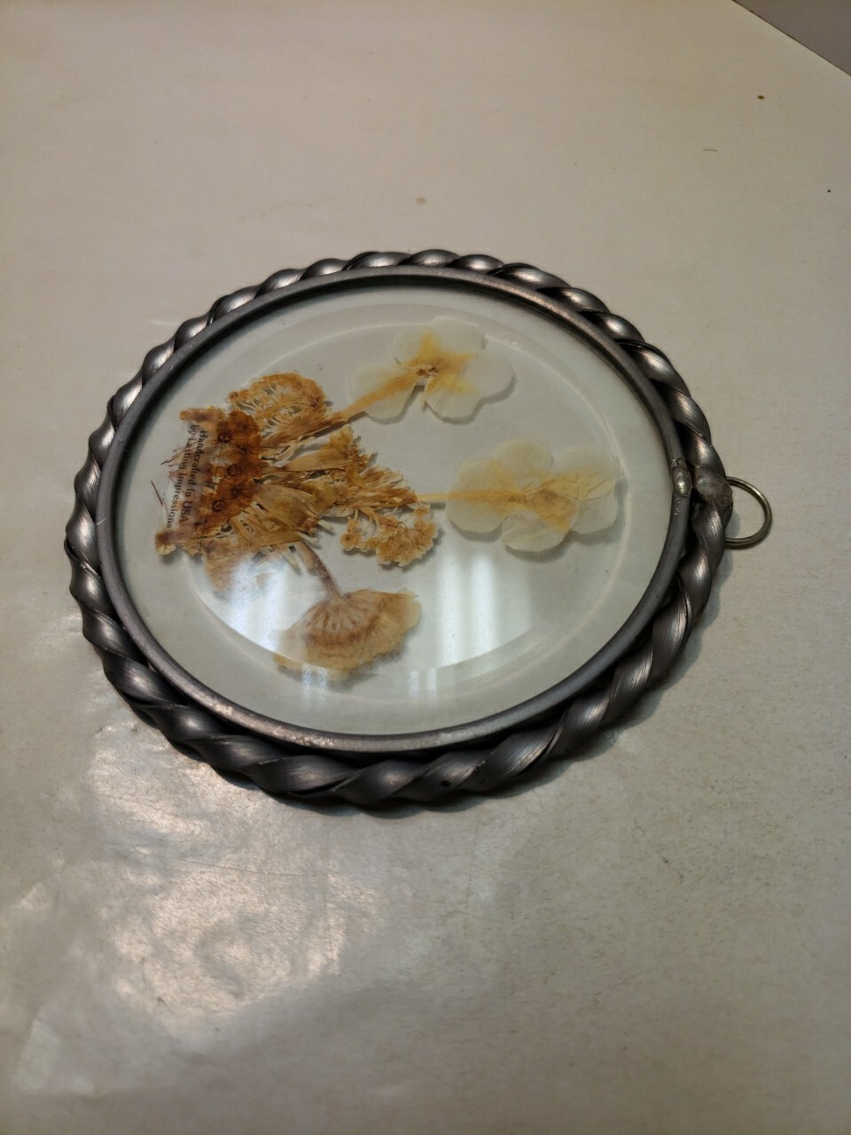 Round Silver Hanging Frame w Dried Flowers 4.5″ Diameter Lasting Impressions USA
