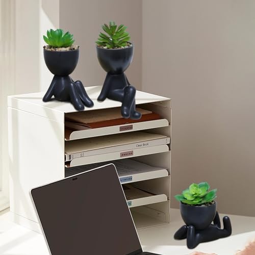 3 PCS Cute Artificial Succulent Plants with Creative Human Shaped Pots, Black