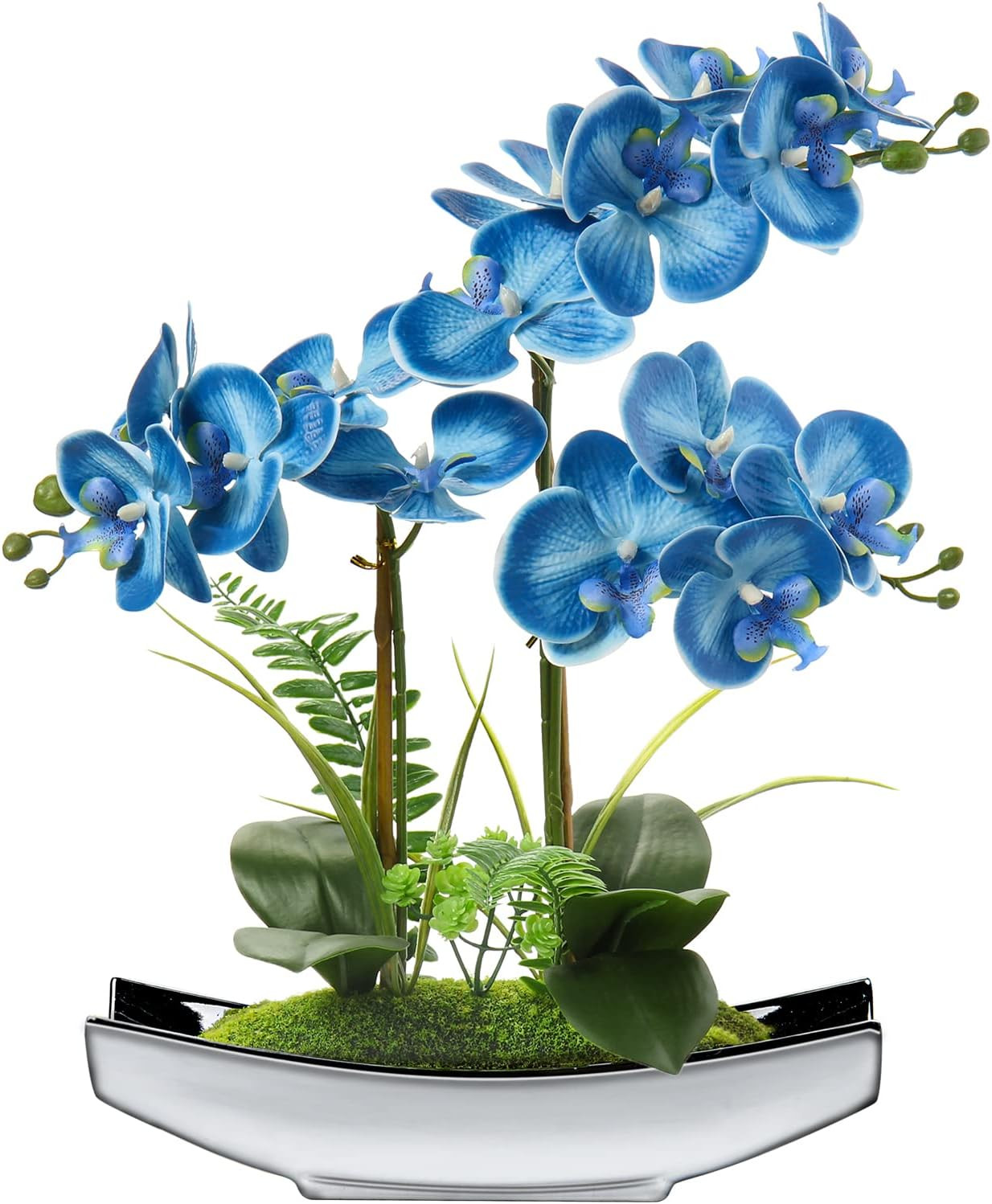 15″ Blue Phalaenopsis Orchid in Silver Pot – Real Touch Faux Flower Decor