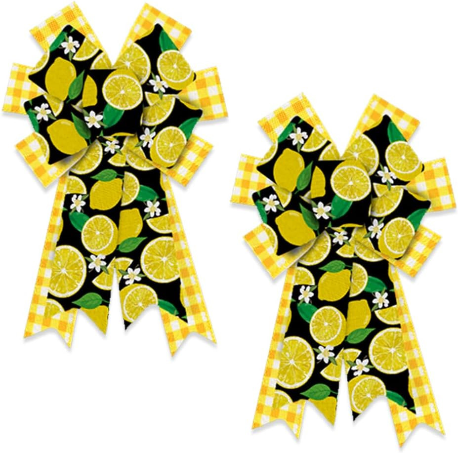 2Pcs White Yellow Plaid Burlap Lemons Flower Bows for Wreaths, Summer Fruits Rib
