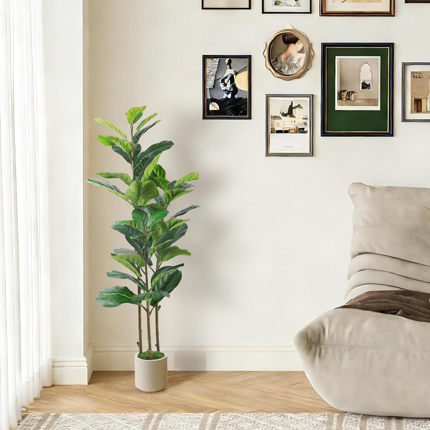 4FT Artificial Fiddle Leaf Fig Tree with White Planter Pot, 4 feet Tall Fake Tre