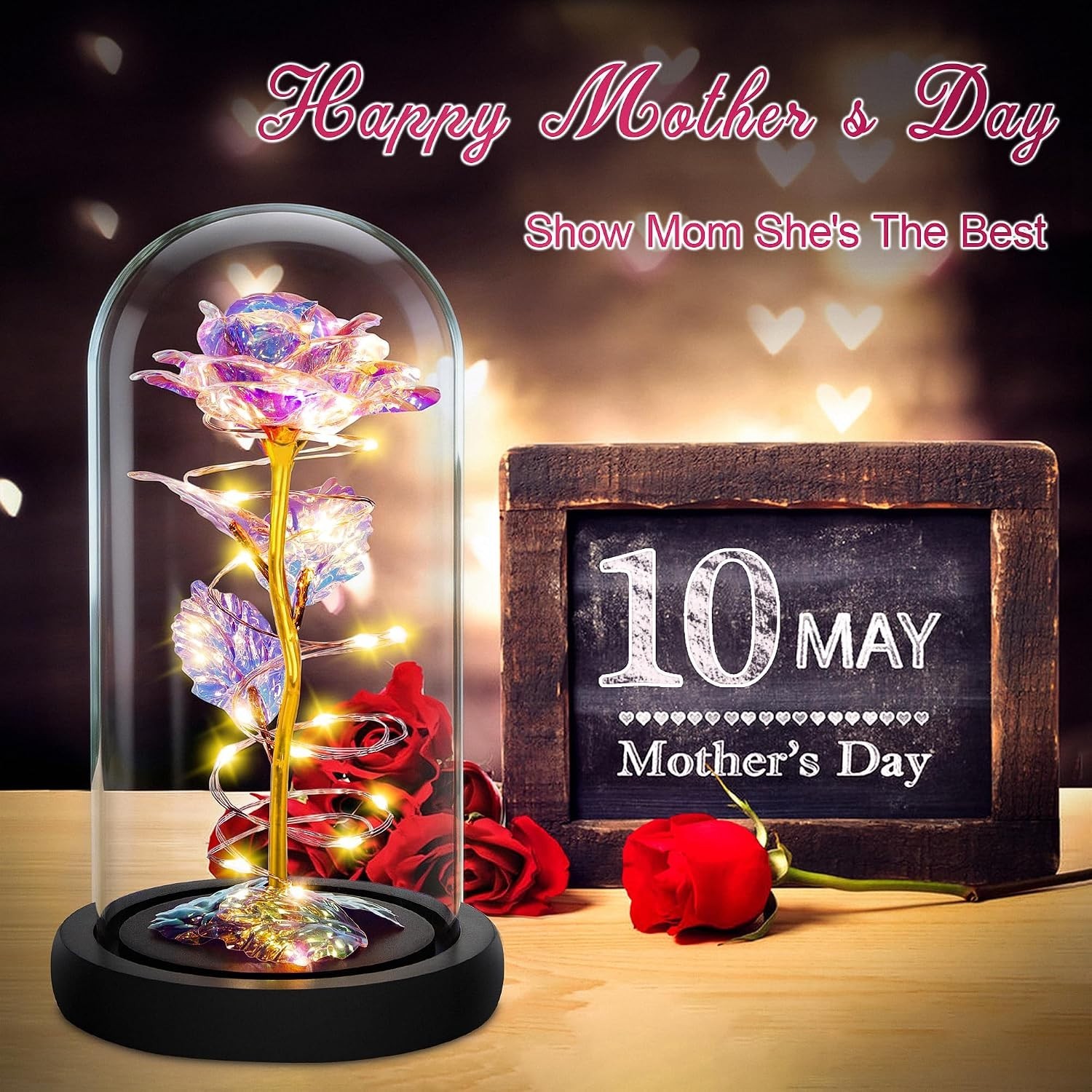 Eternal Rainbow Rose Gift with LED Lights in Glass Dome – Timeless Love Symbol
