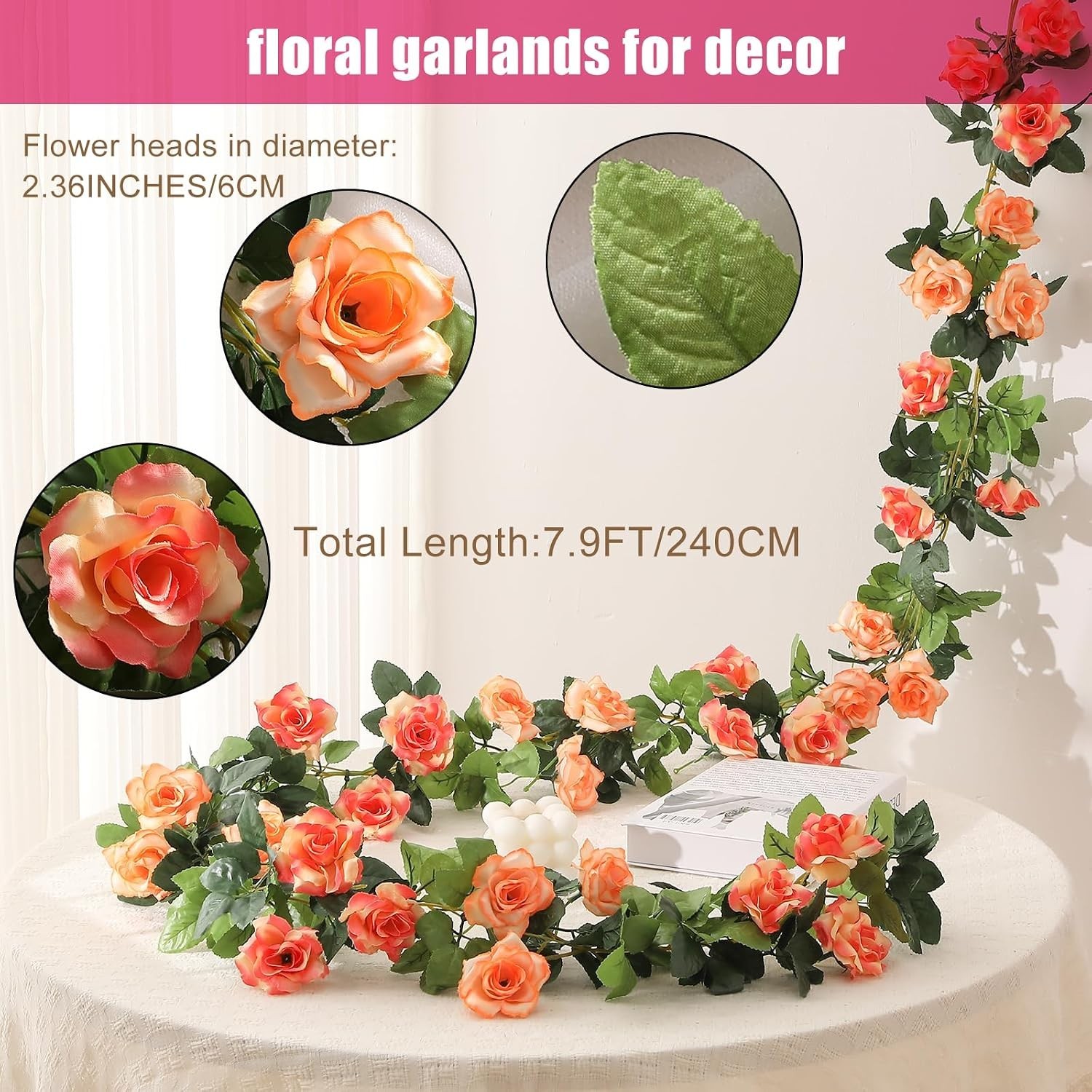 Versatile 2 Pack Hanging Rose Garland – Perfect for Weddings & Home Settings