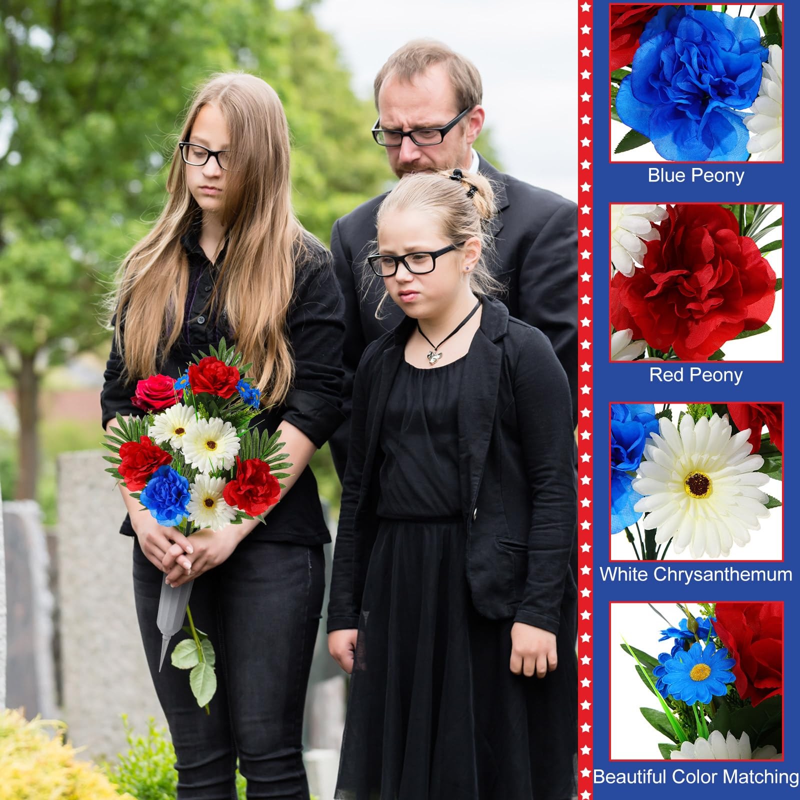 6 PCS Patriotic Memorial Red Blue White Artificial Flowers Bouquet With Vase
