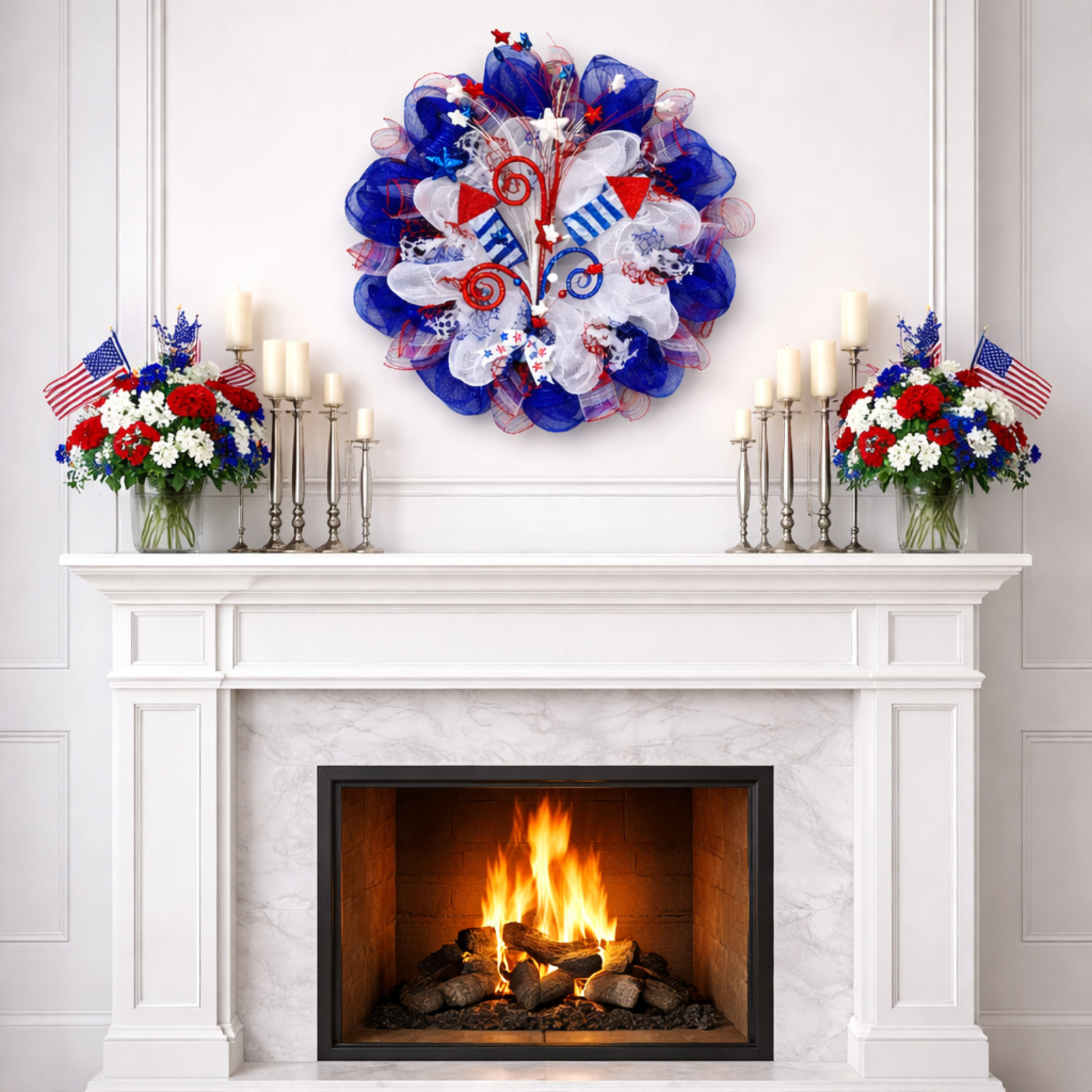 Sky Rockets In Flight Patriotic Handmade Deco Mesh Wreath 24 inch or 28 Inch