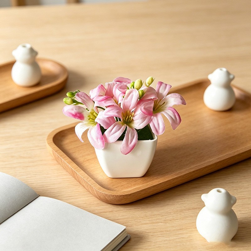 Plastic Miniature Lily Potted Plant 4.3 Inches for Small Space Decoration