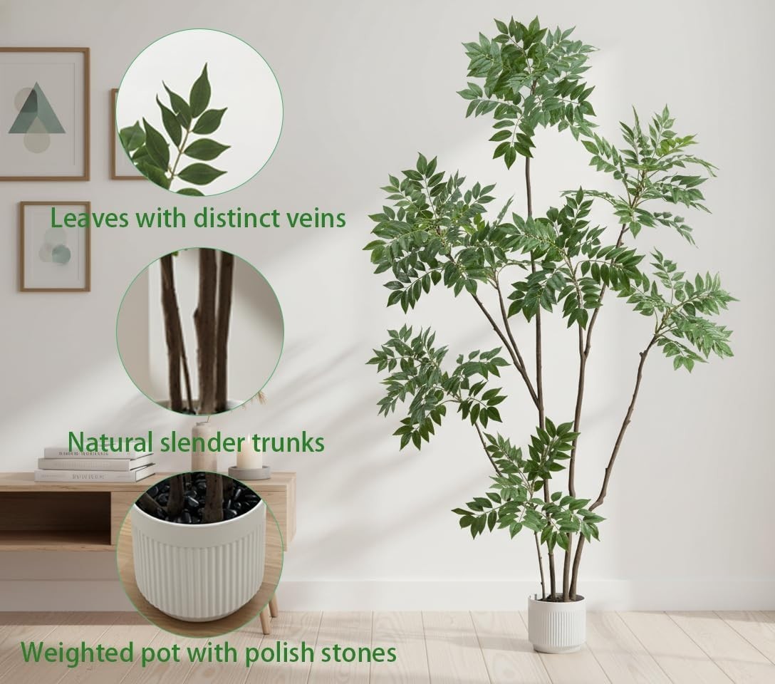 6.5FT Artificial Sumac Tree Faux Mahonia Fortunei Tree with White Pot for Hom…