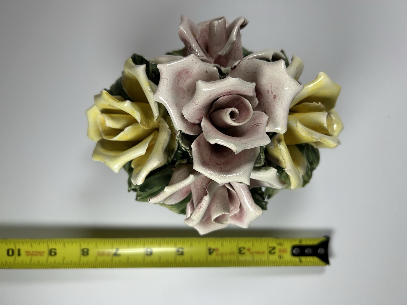 Porcelain Flower Centerpiece Capodimonte Italy Pink Yellow Roses 6.5” Long