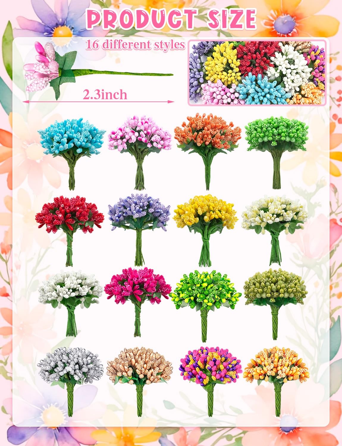 192 Pcs Premium Artificial Flower Stamens for Crafts, 16 Colored Heads Floral…