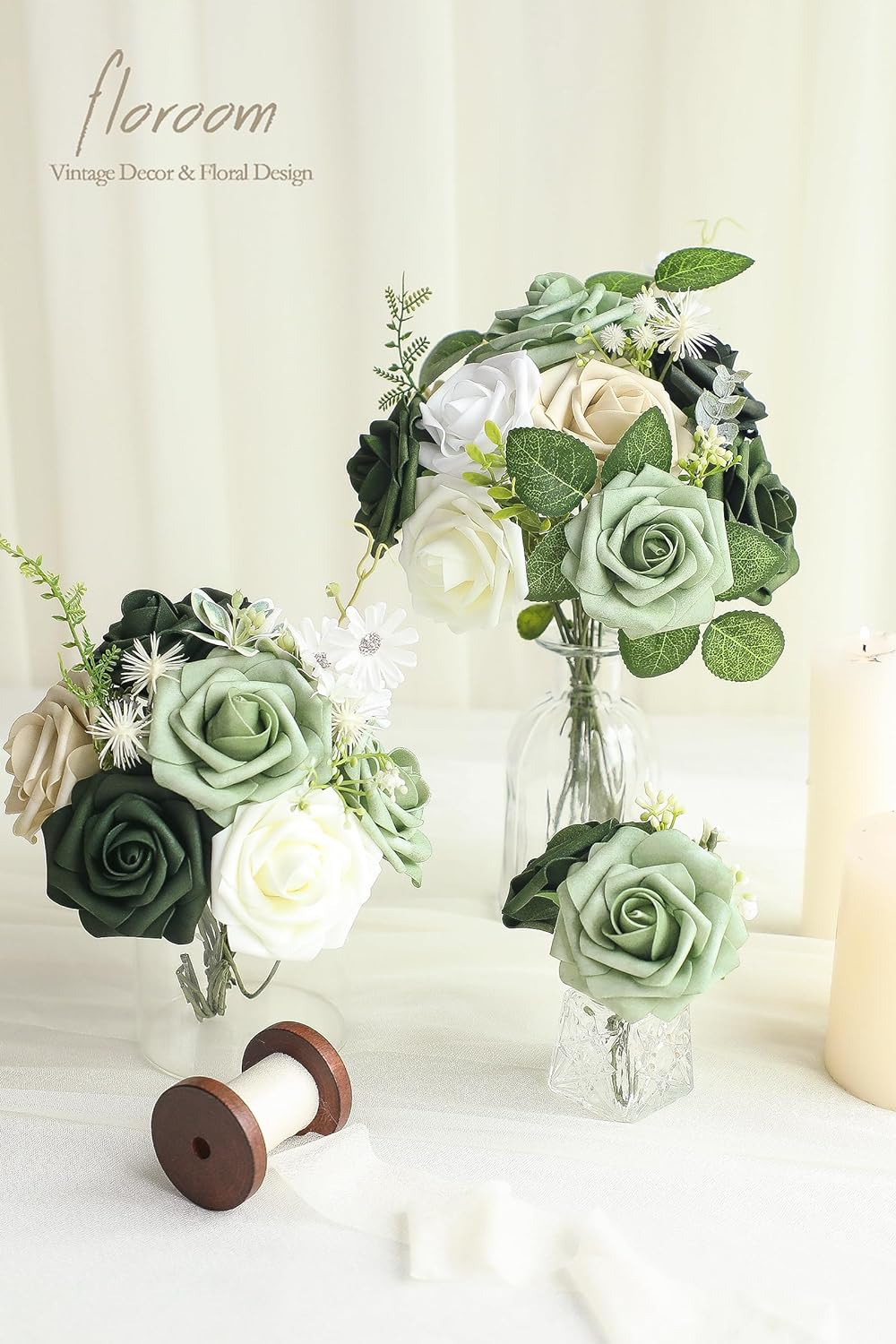 Artificial Flowers 25Pcs Real Looking Elf Green Foam Fake Roses with Stems fo…