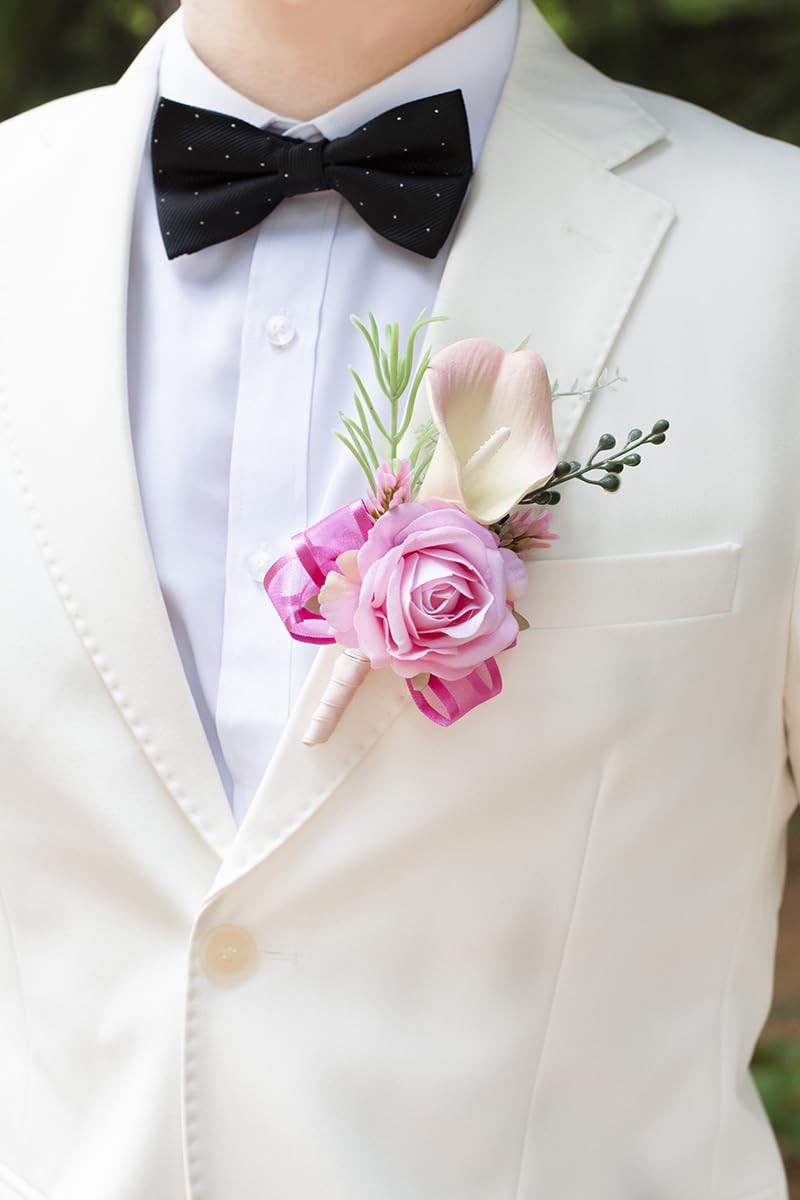 Soft Rose Pink Corsage and Boutonniere Set for Wedding Prom, Artificial Calla Li