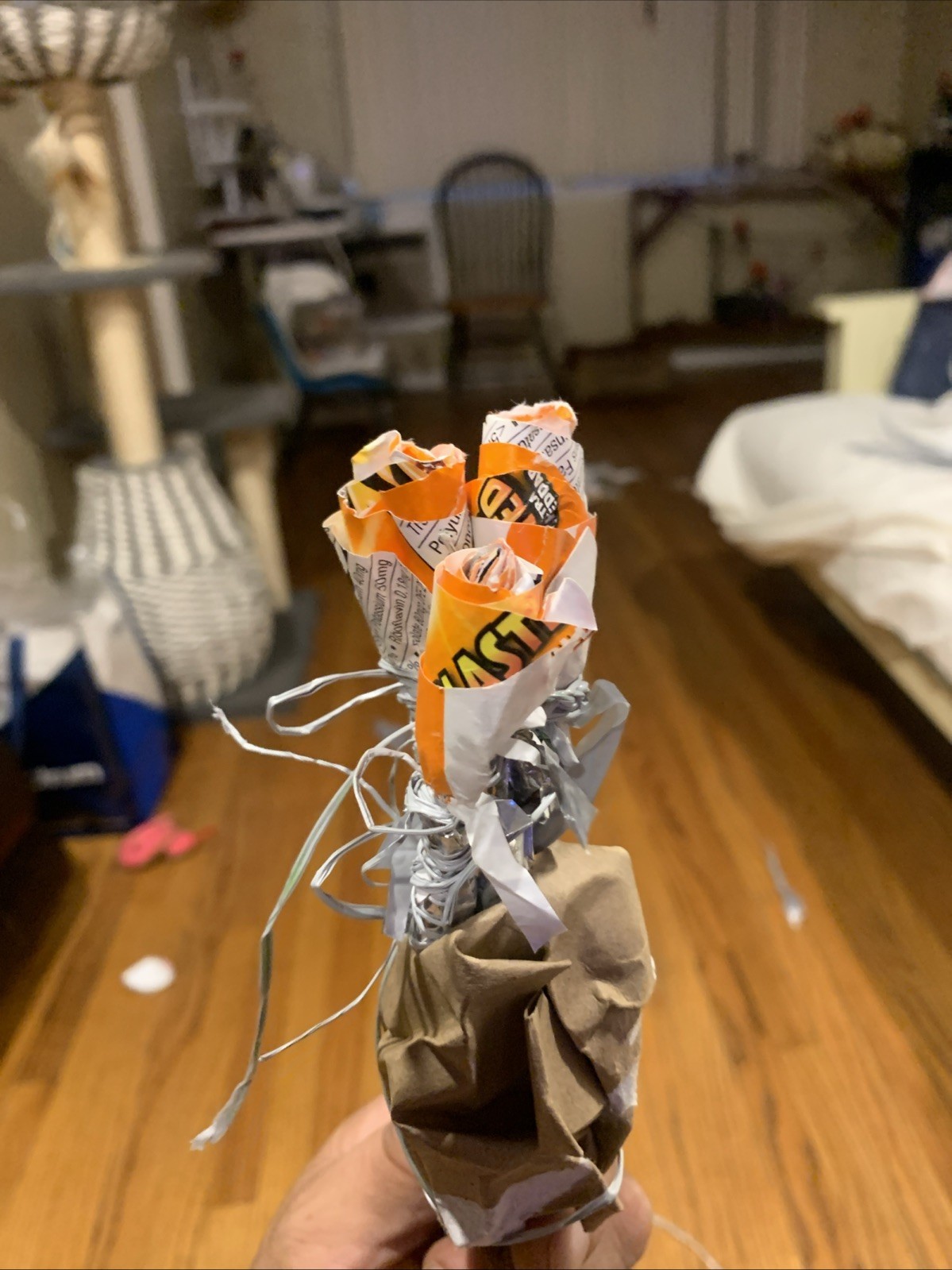 Three Rose Stems w/orange Rose Buds Made From •Gold Fish Snack Cover Wrap W Love