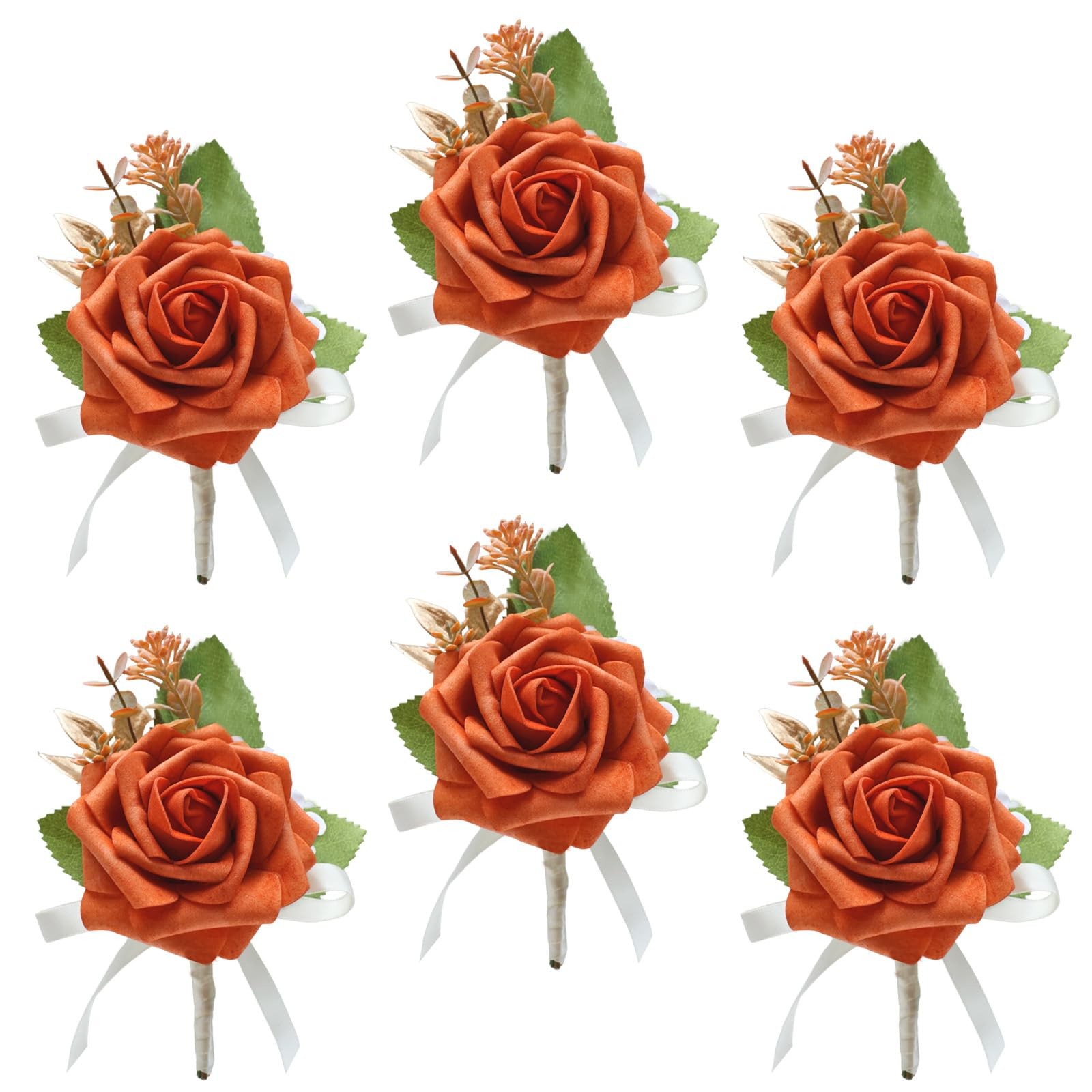 6 PCS Burnt Orange Rose Boutonniere Artificial Flower Men Wedding Groomsmen
