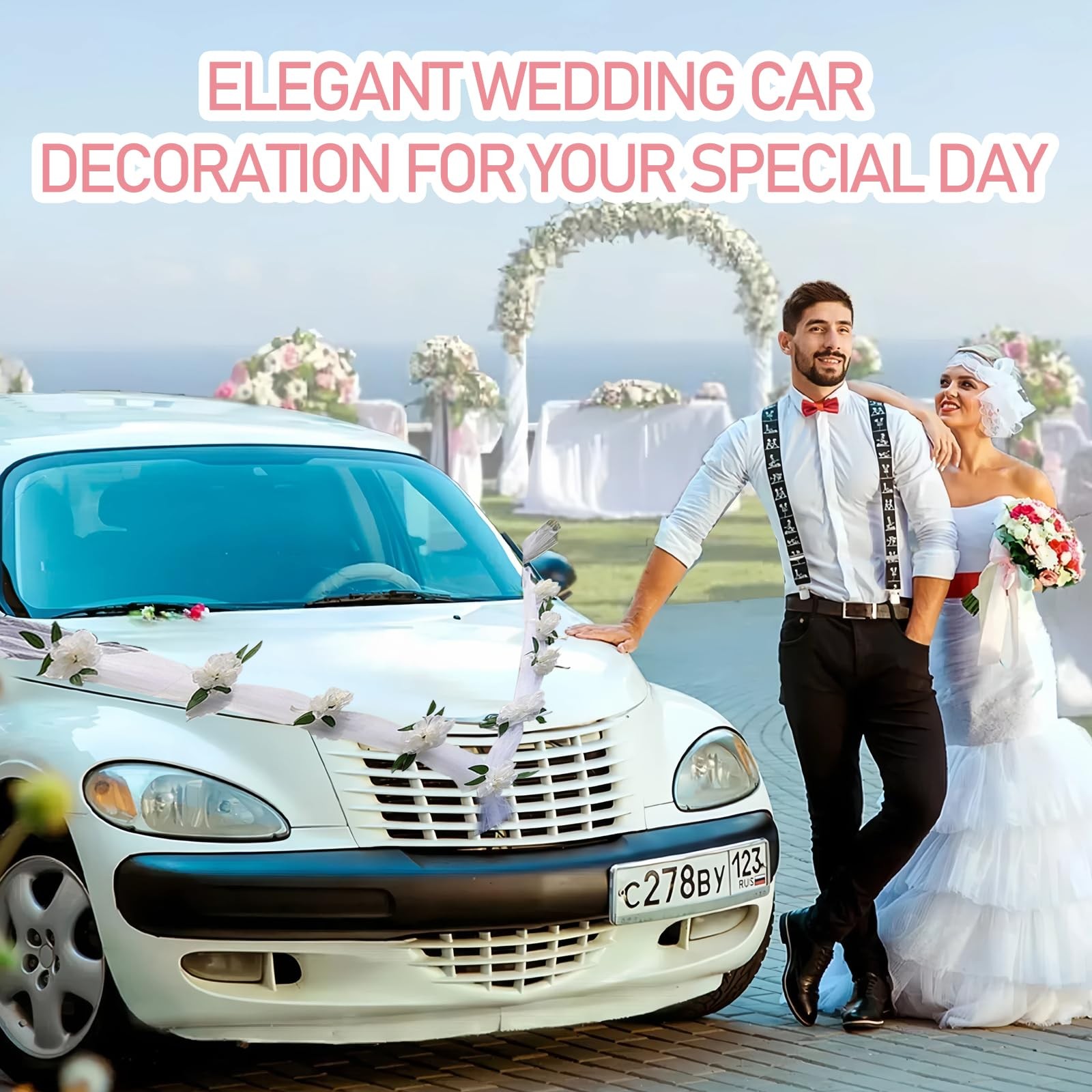 Luxury Wedding Car Decor Kit with White Artificial Floral Garland and Satin B…