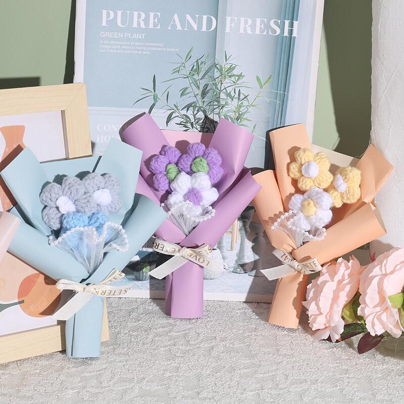 Wedding Handheld Small Bouquet Handmade Crochet Puff Flower Decor Bouquet Party