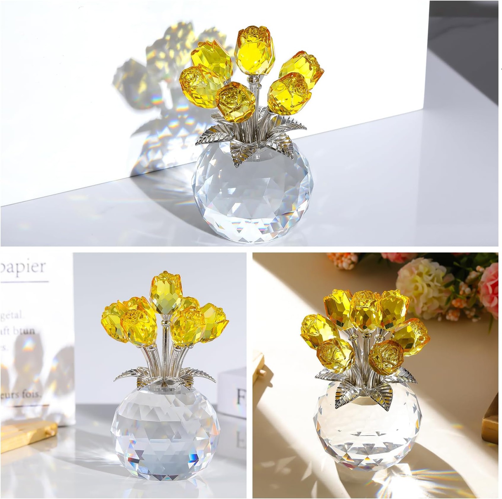 Ornalrist Crystal Yellow Rose Flower Collectible Figurine, Rose Bouquet Flora…
