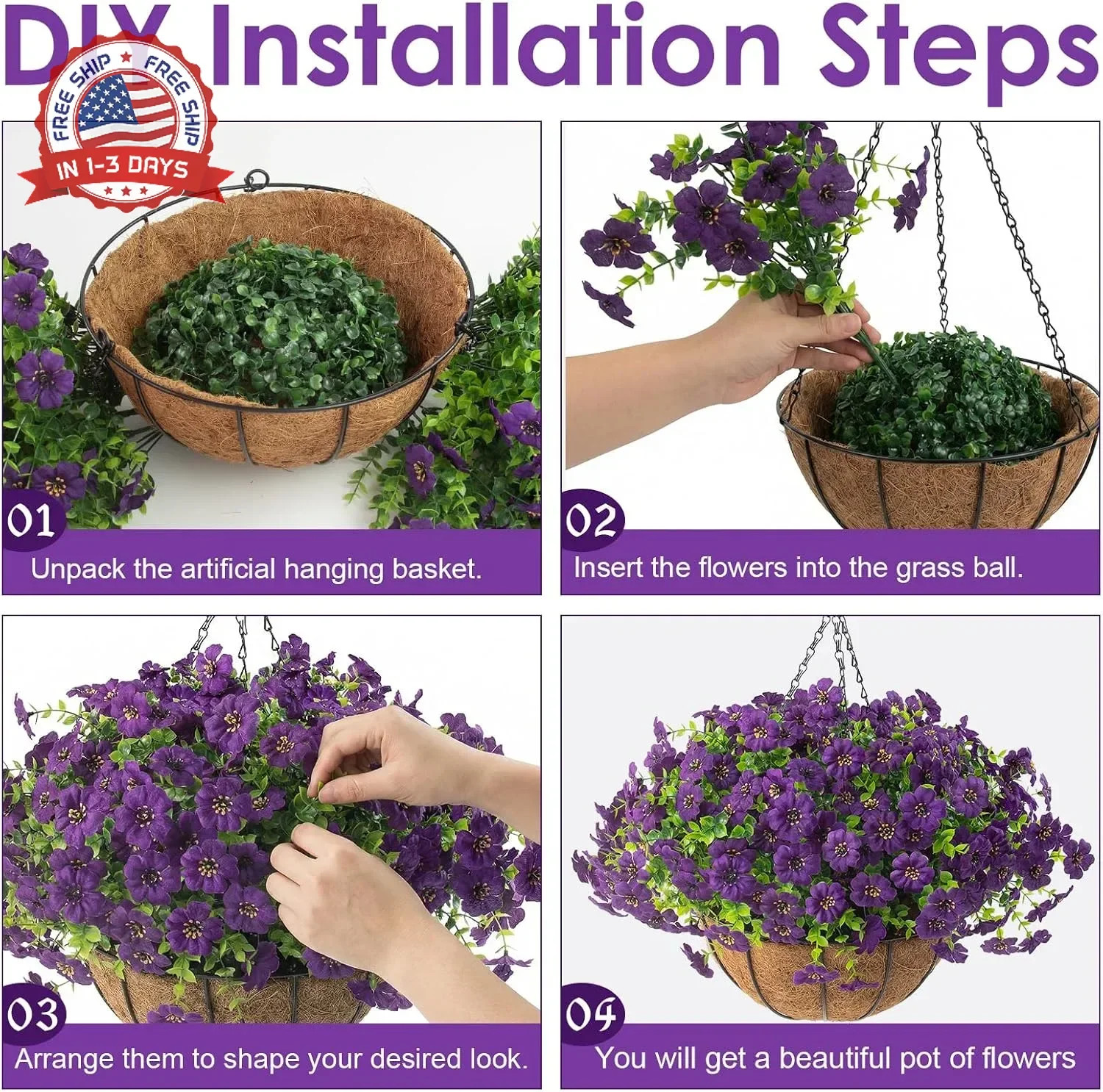 Hananona 2 Set Artificial Outdoor Flowers with Hanging Basket, 2 Hanging Planter