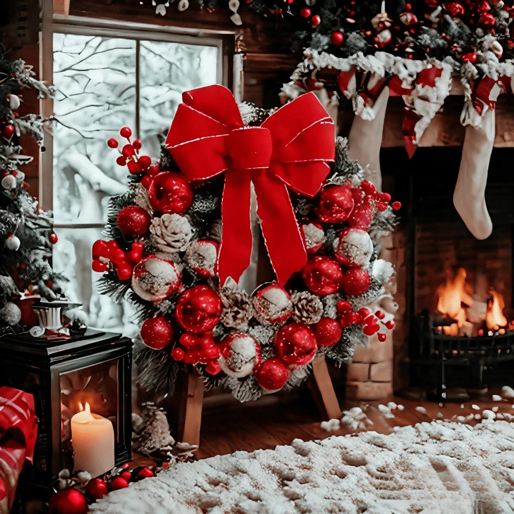 45cm/17.7in Christmas Wreath Front Door Flocked Pine Red Bow