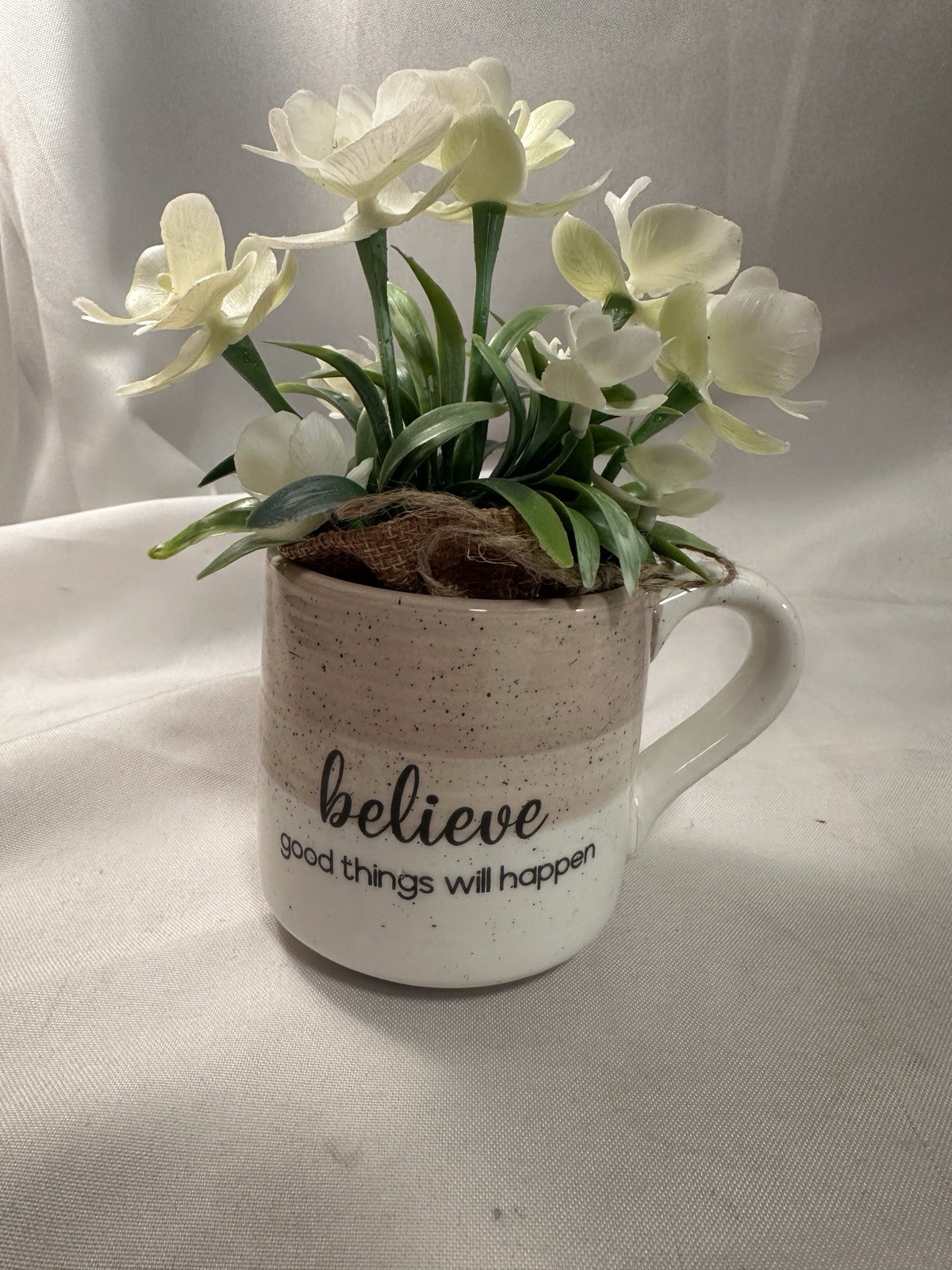 White Flowers Tan/White Pottery Mug Believe Good Things Will Happen