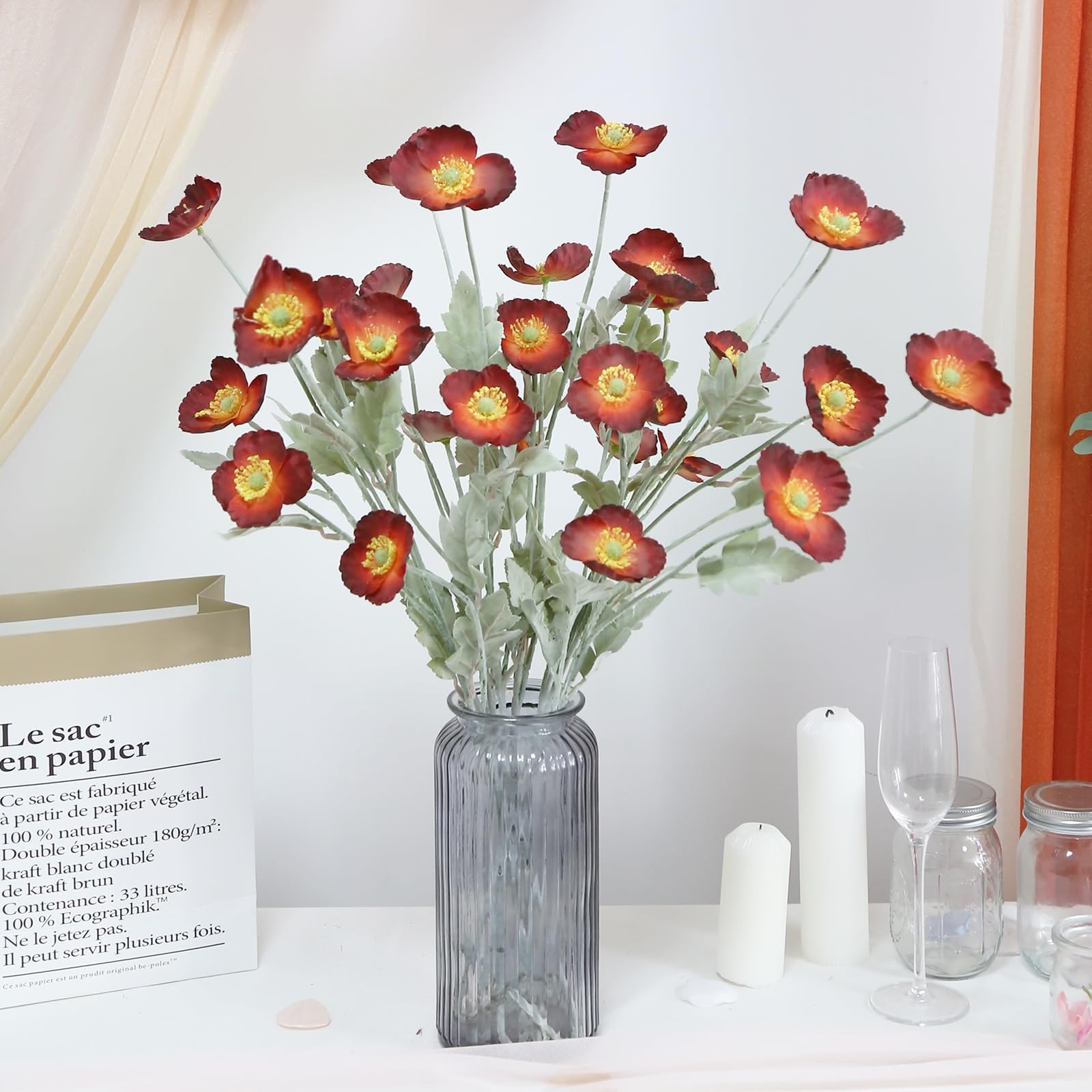 8PCS Red Artificial Poppies 27.6inch Silk Poppy Flowers with Stems Faux Flowe…