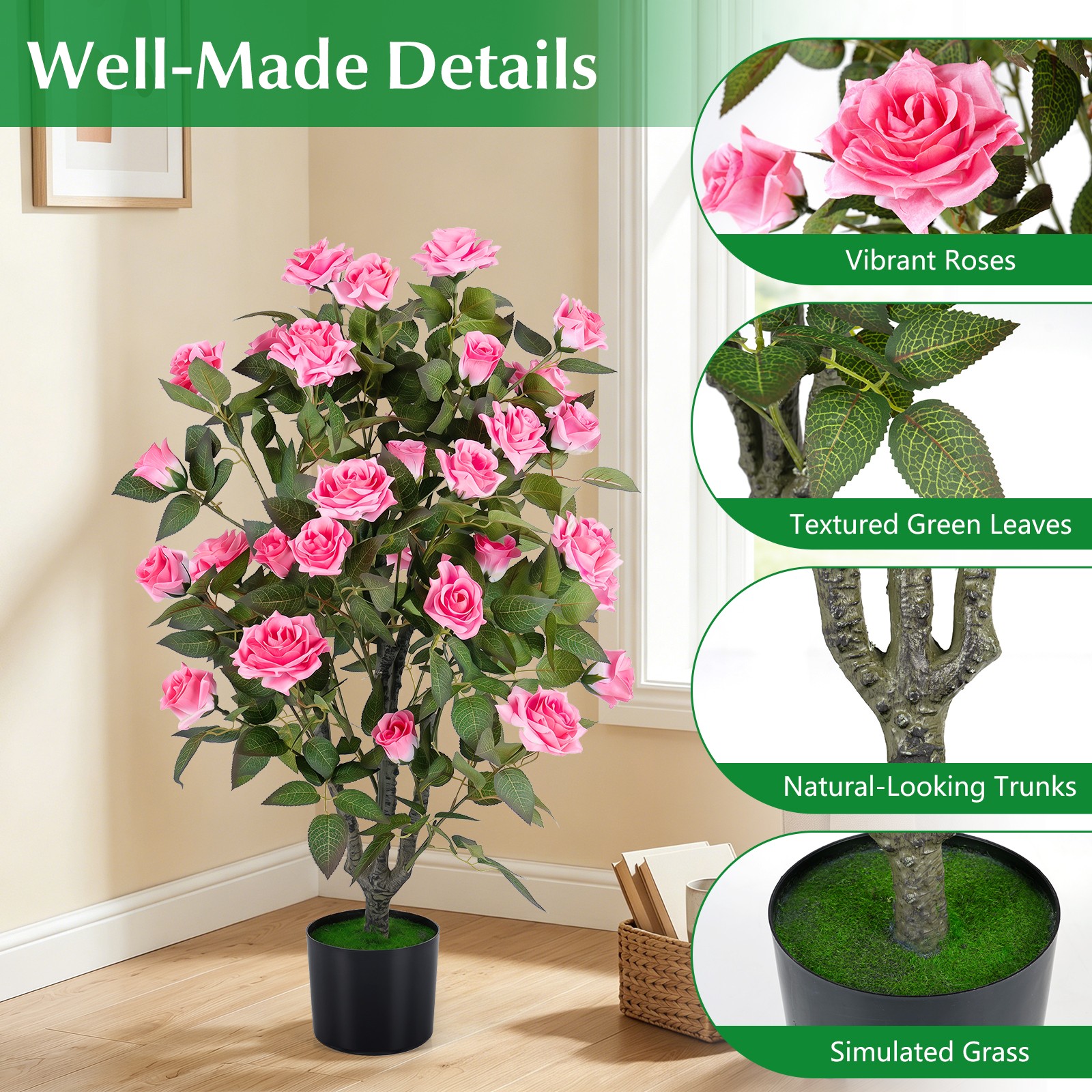 35.5” Artificial Rose Tree w/Blooming Flowers & Green Leaves, Free Maintenance