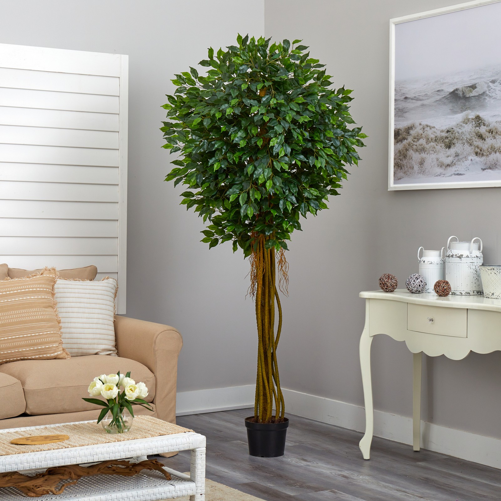 Nearly Natural Indoor/Outdoor 90″ Ficus Tree UV Resistant in Green/Orange