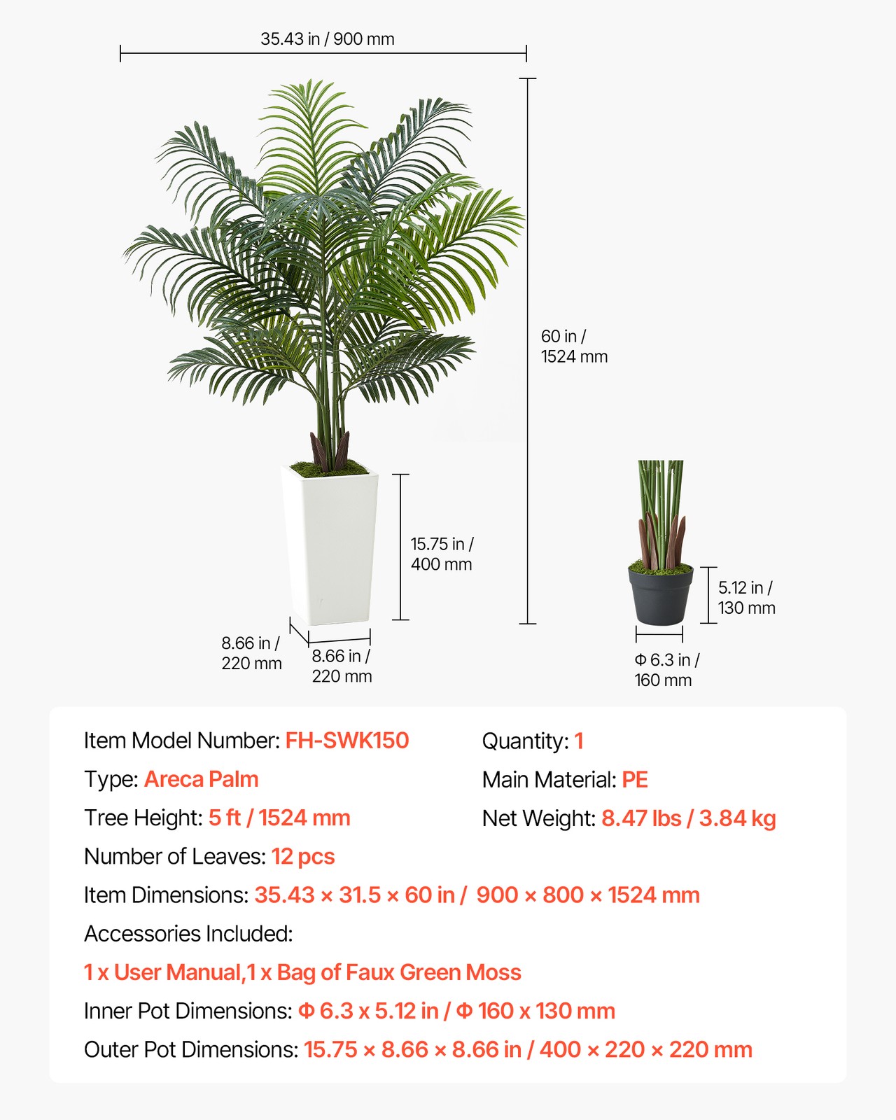 VEVOR 5ft Artificial Areca Palm Tree Faux Plant in Pot for Home Office Decor