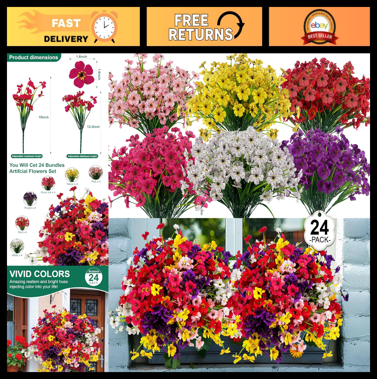 24 Pcs UV Resistant Faux Flowers – Realistic Plastic Silk for Garden, Patio, Ind