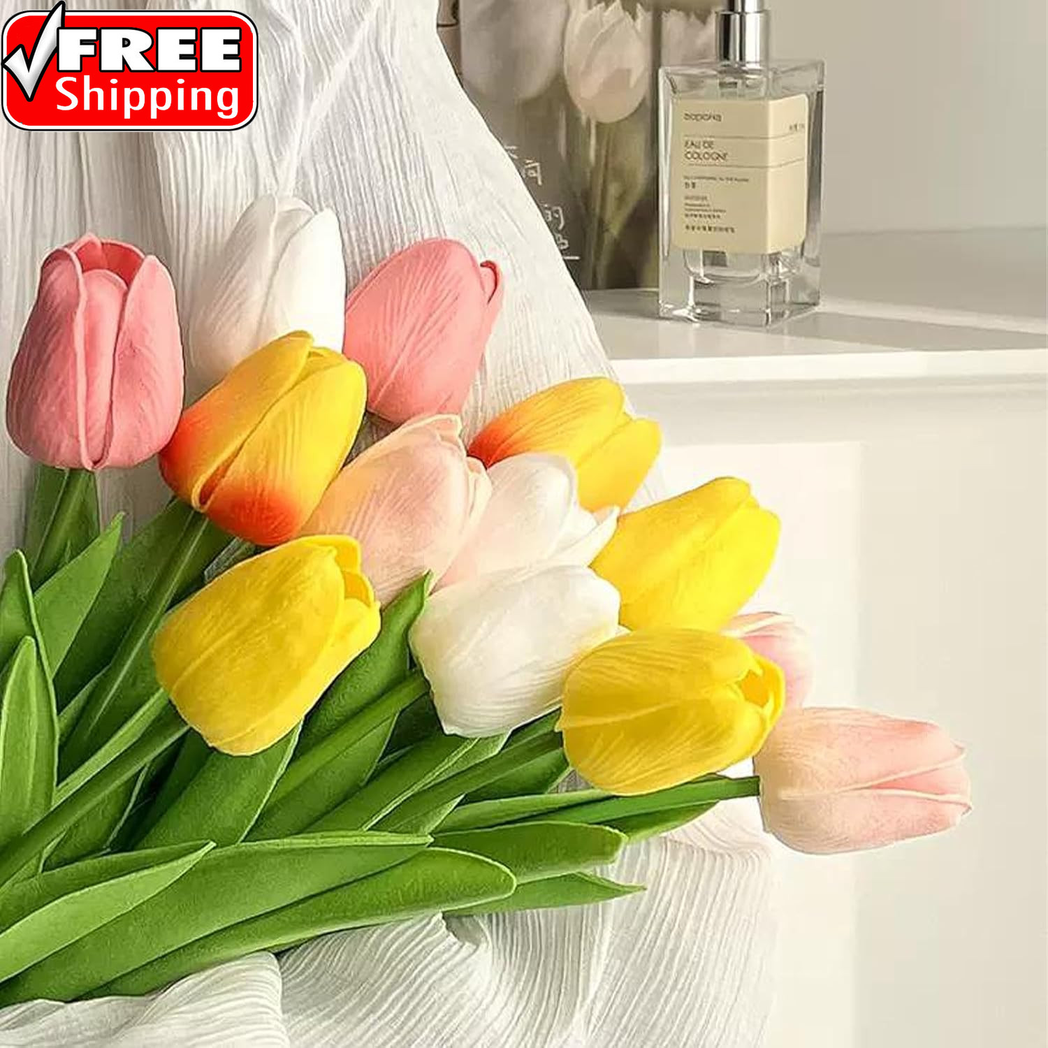 15PCS Artificial Tulips Flowers,Real Touch 14″ Silk Fake Tulips,Bulk Fake Flower