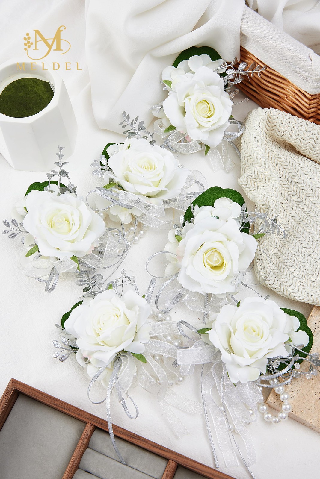 6 PCS White Rose Wrist Corsage For Prom Bride Bridesmaids Wedding Party