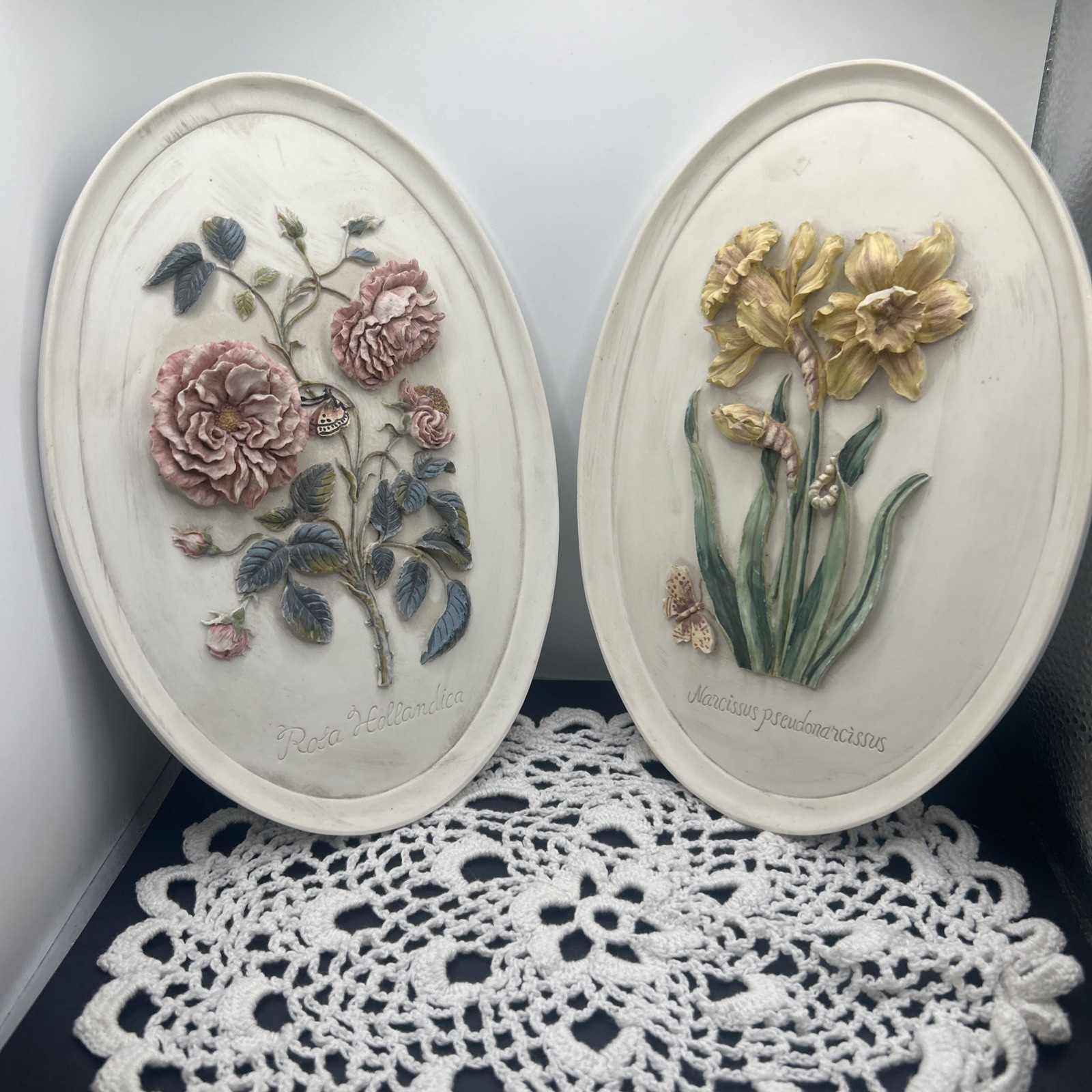 2 VTG Oval Soapstone Raised Floral Wall Plaques-Rosa hollkandica & narcissus