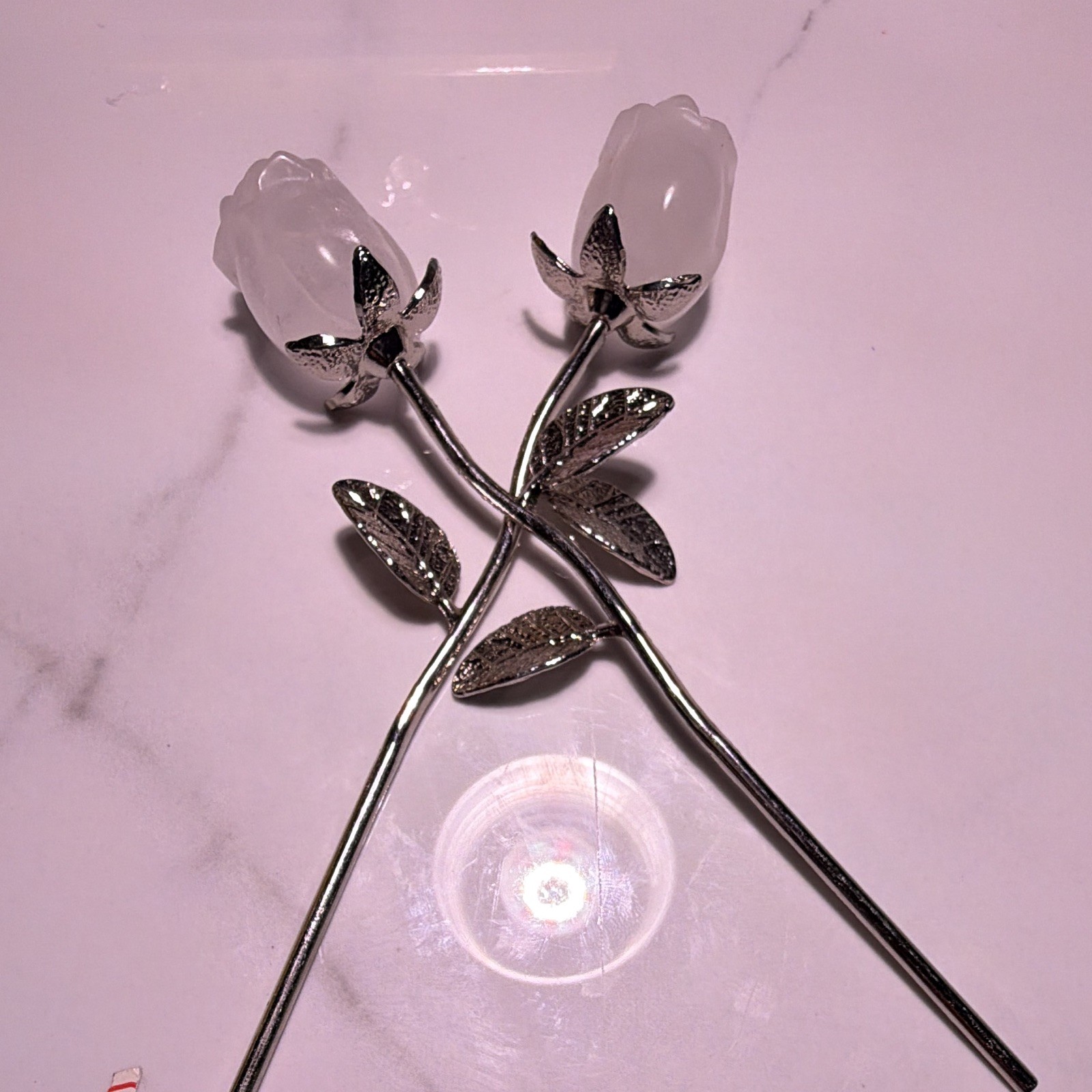 Artificial White Rosebud Decorative Flower Arrangement, Metal with Silver Leaves